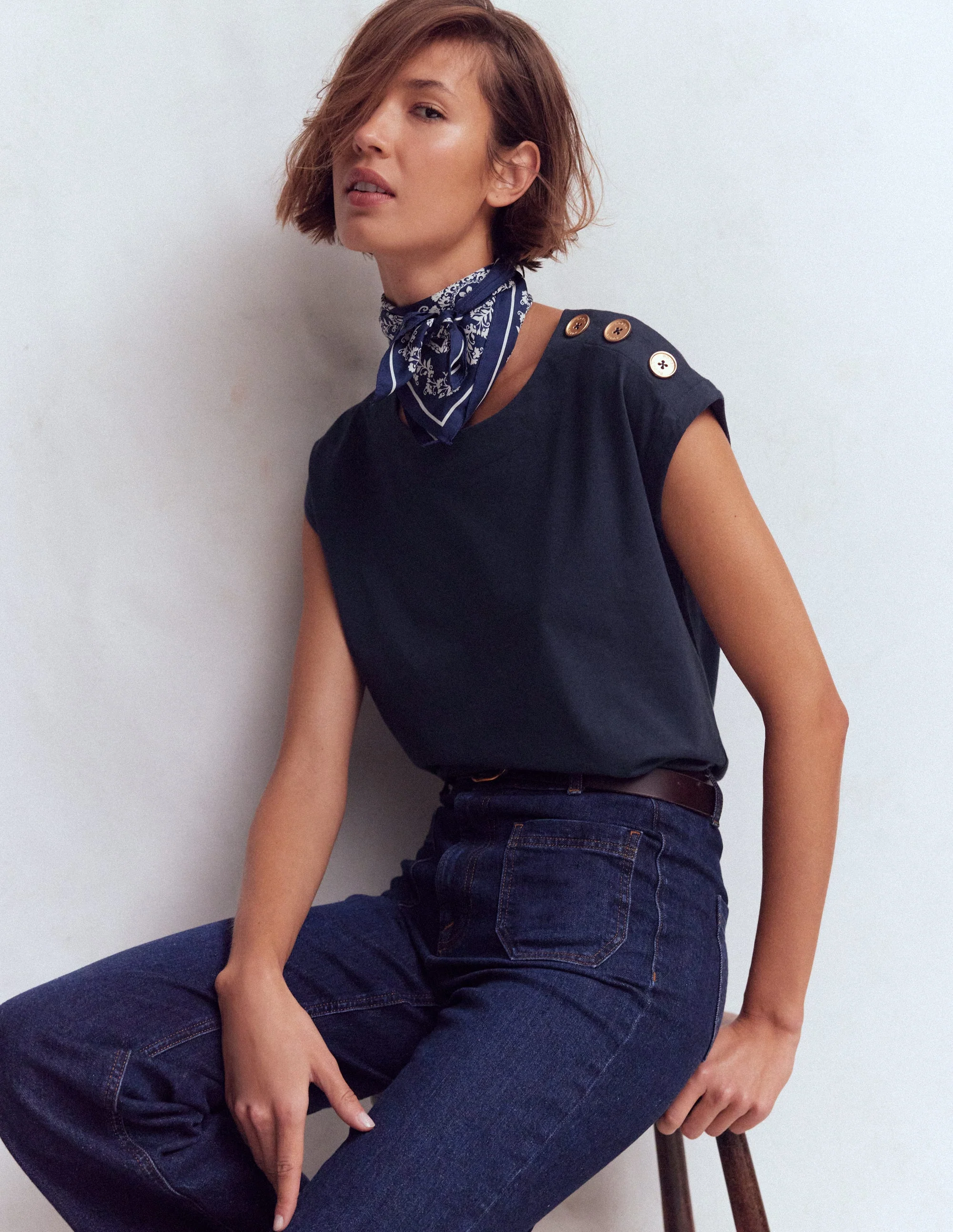 Button Detail T-Shirt-Navy