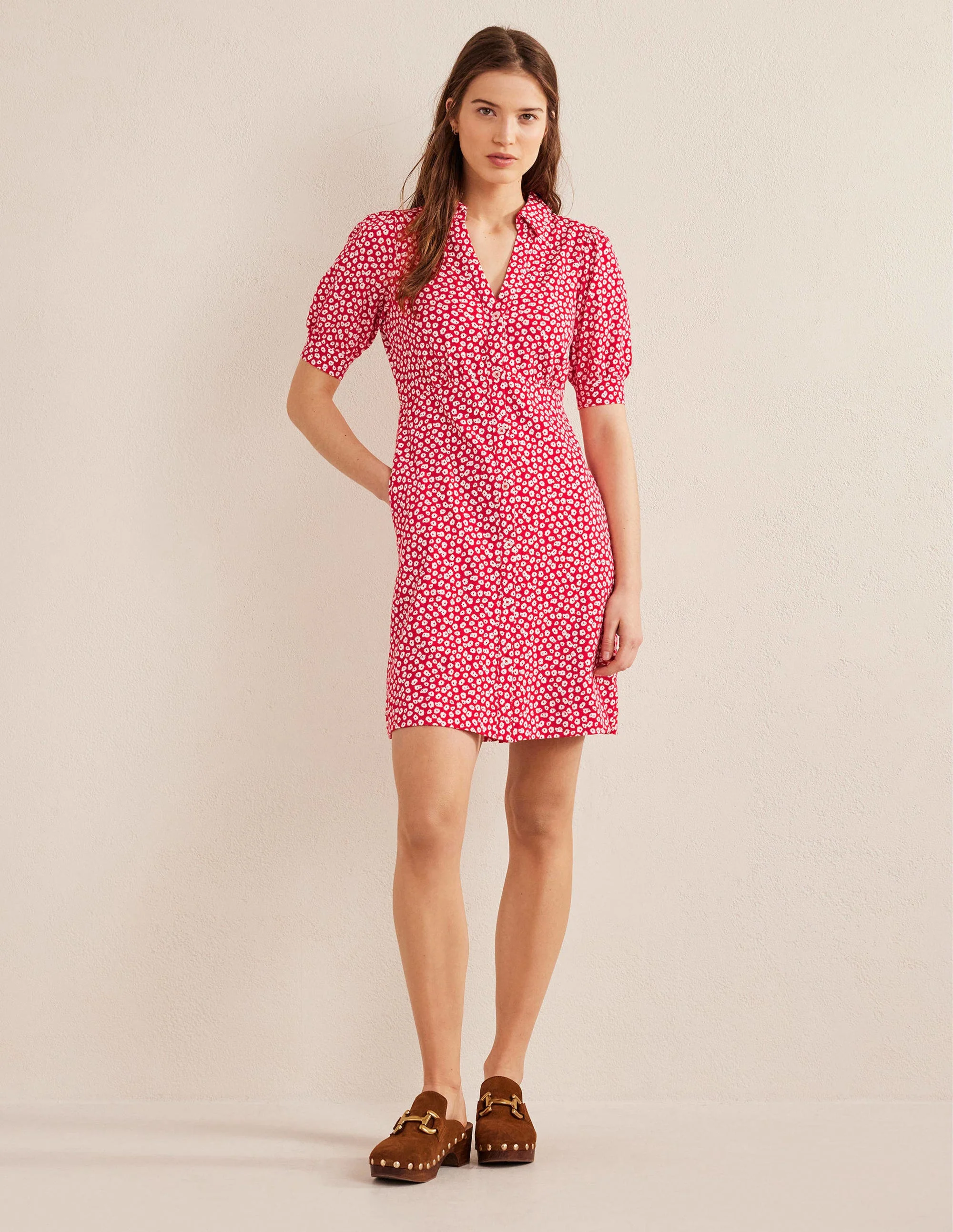 Button Jersey Mini Tea Dress-Jalapeno Red, Peony Stamp - Image 4