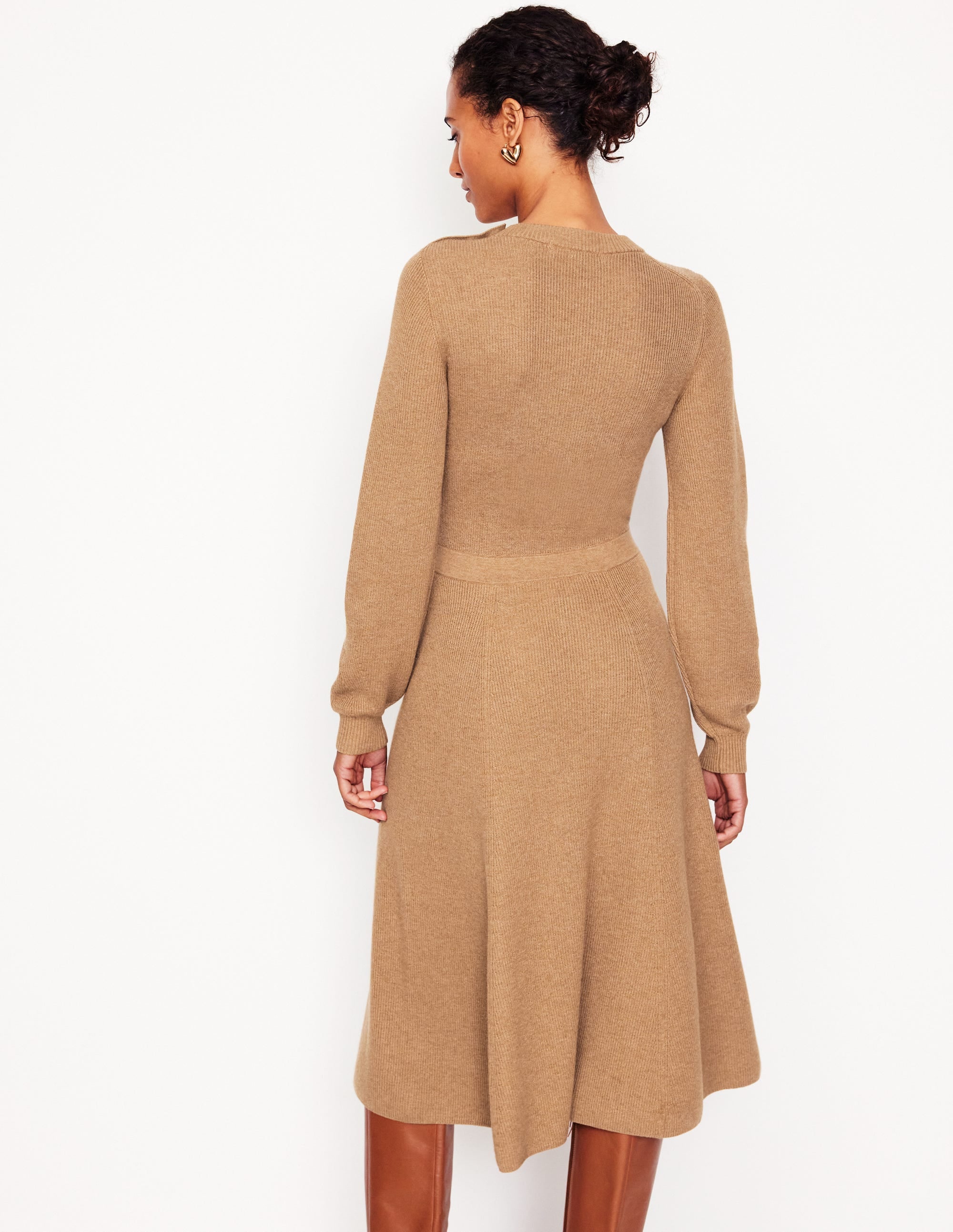 Button Shoulder Knitted Dress-Camel Melange - Image 3