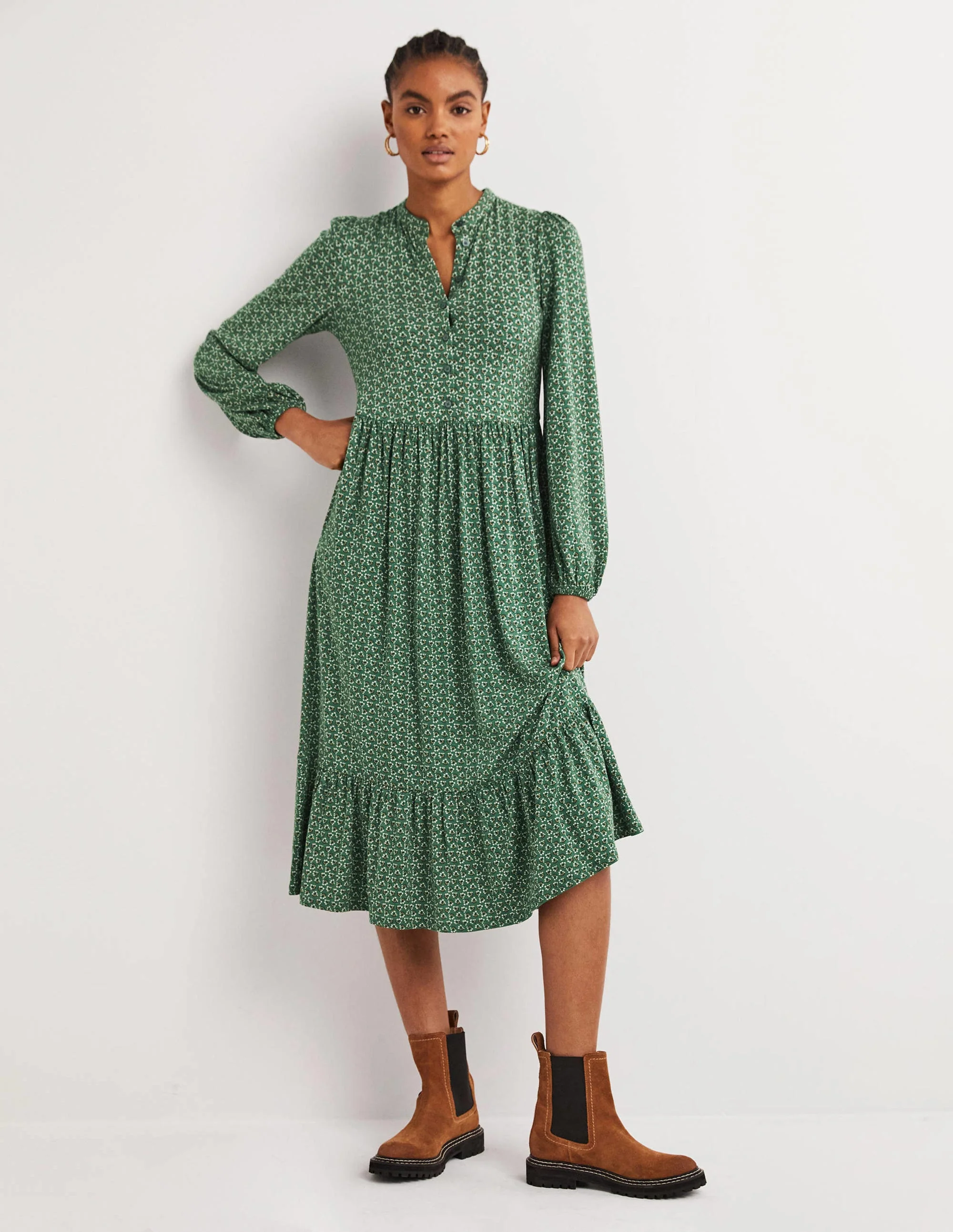 Buttoned Jersey Midi Dress-Hunter Green, Diamond Bud