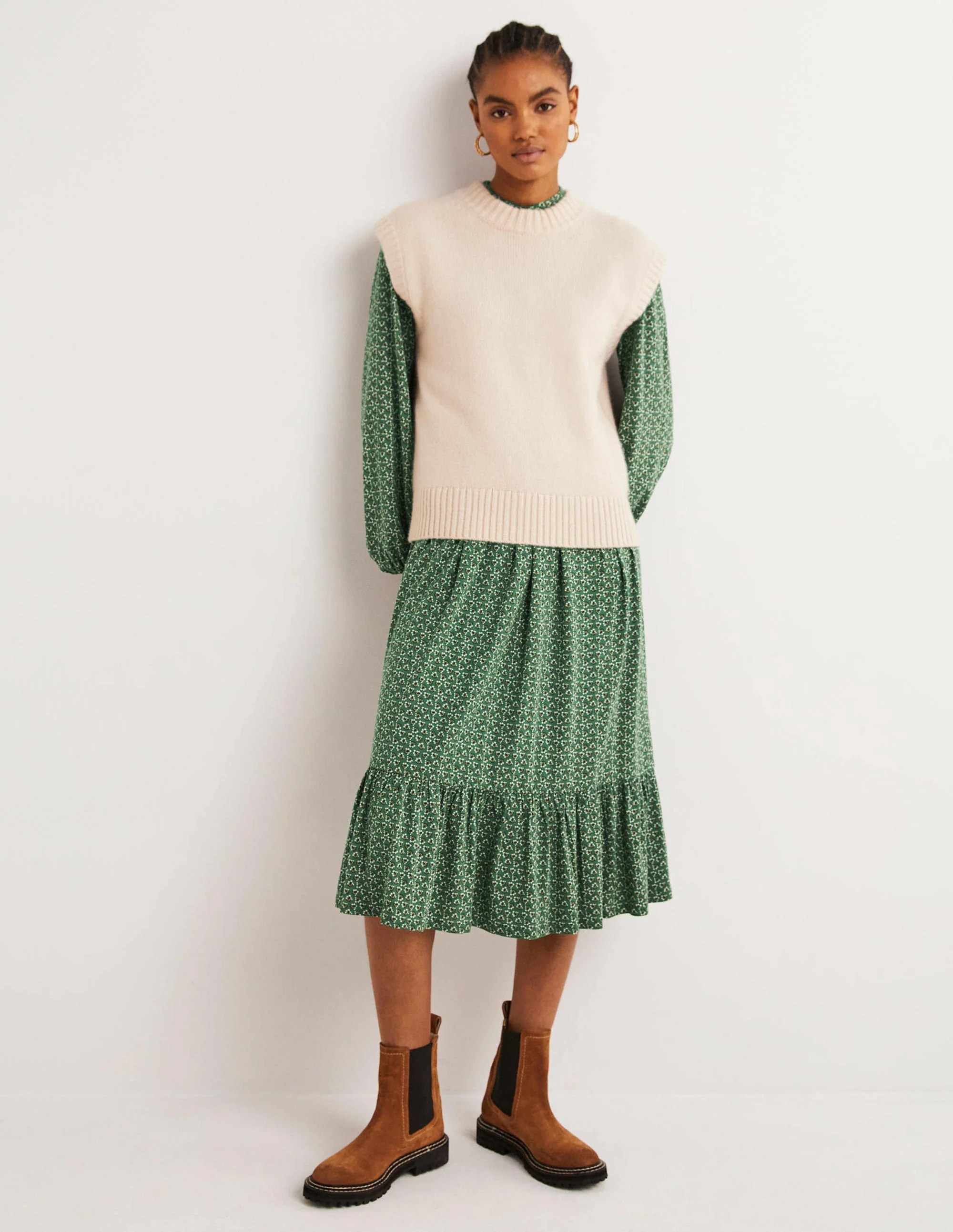 Buttoned Jersey Midi Dress-Hunter Green, Diamond Bud - Image 4