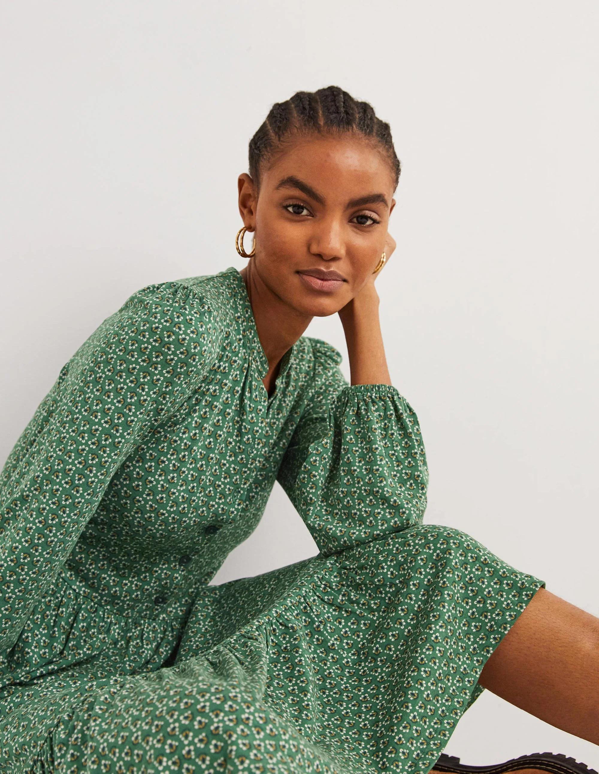Buttoned Jersey Midi Dress-Hunter Green, Diamond Bud - Image 5