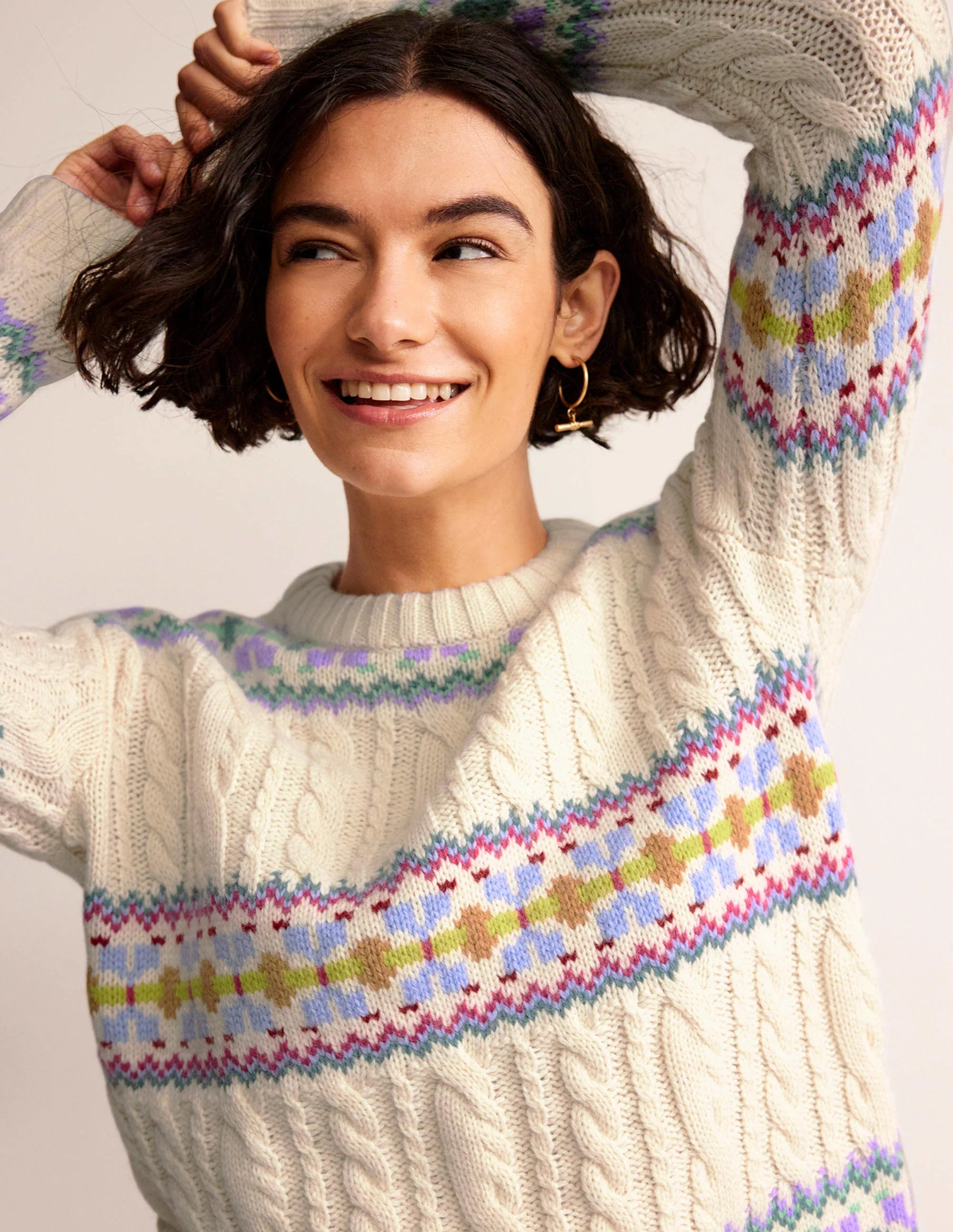 Cable Knit Fair Isle Sweater-Warm Ivory