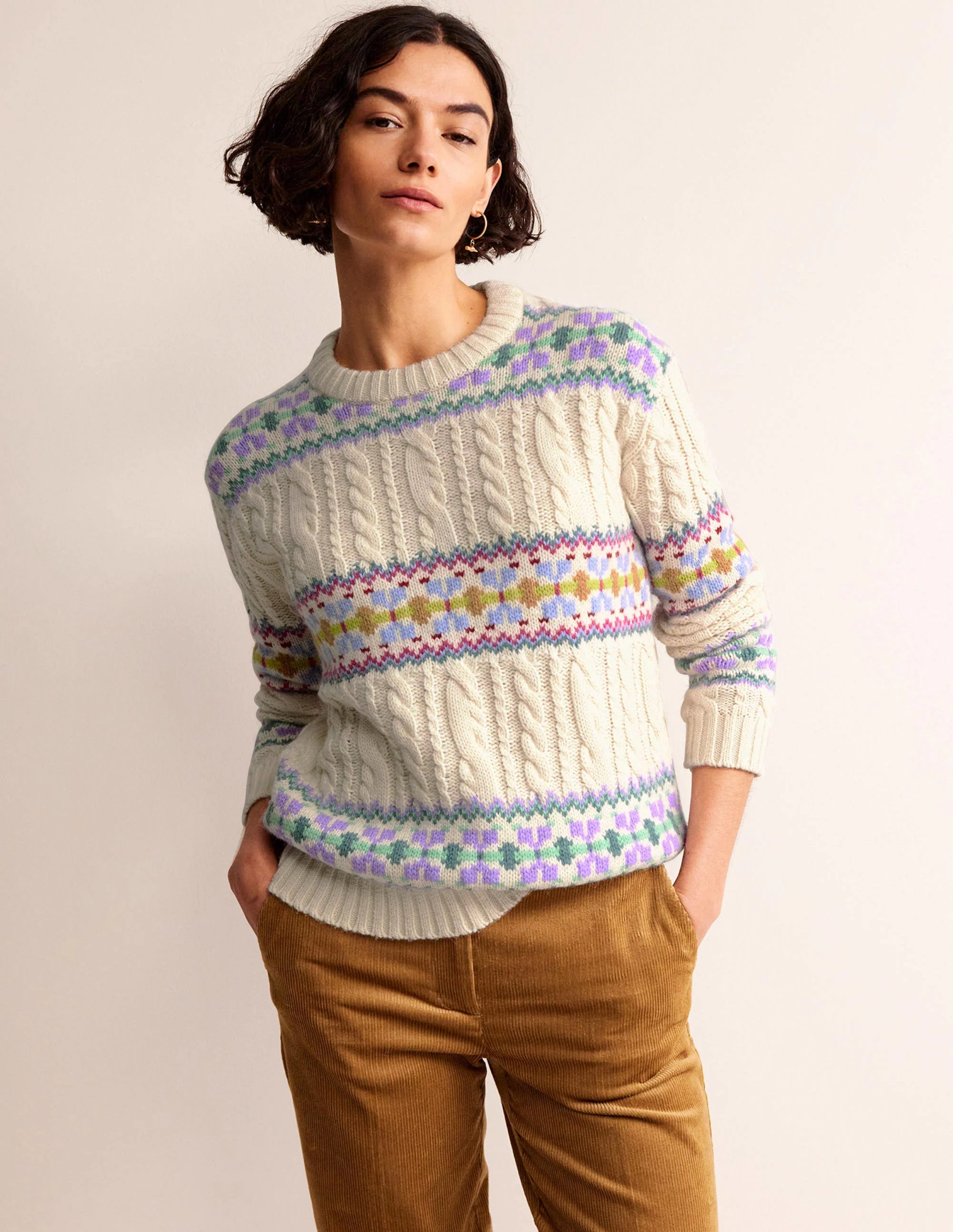 Cable Knit Fair Isle Sweater-Warm Ivory - Image 2