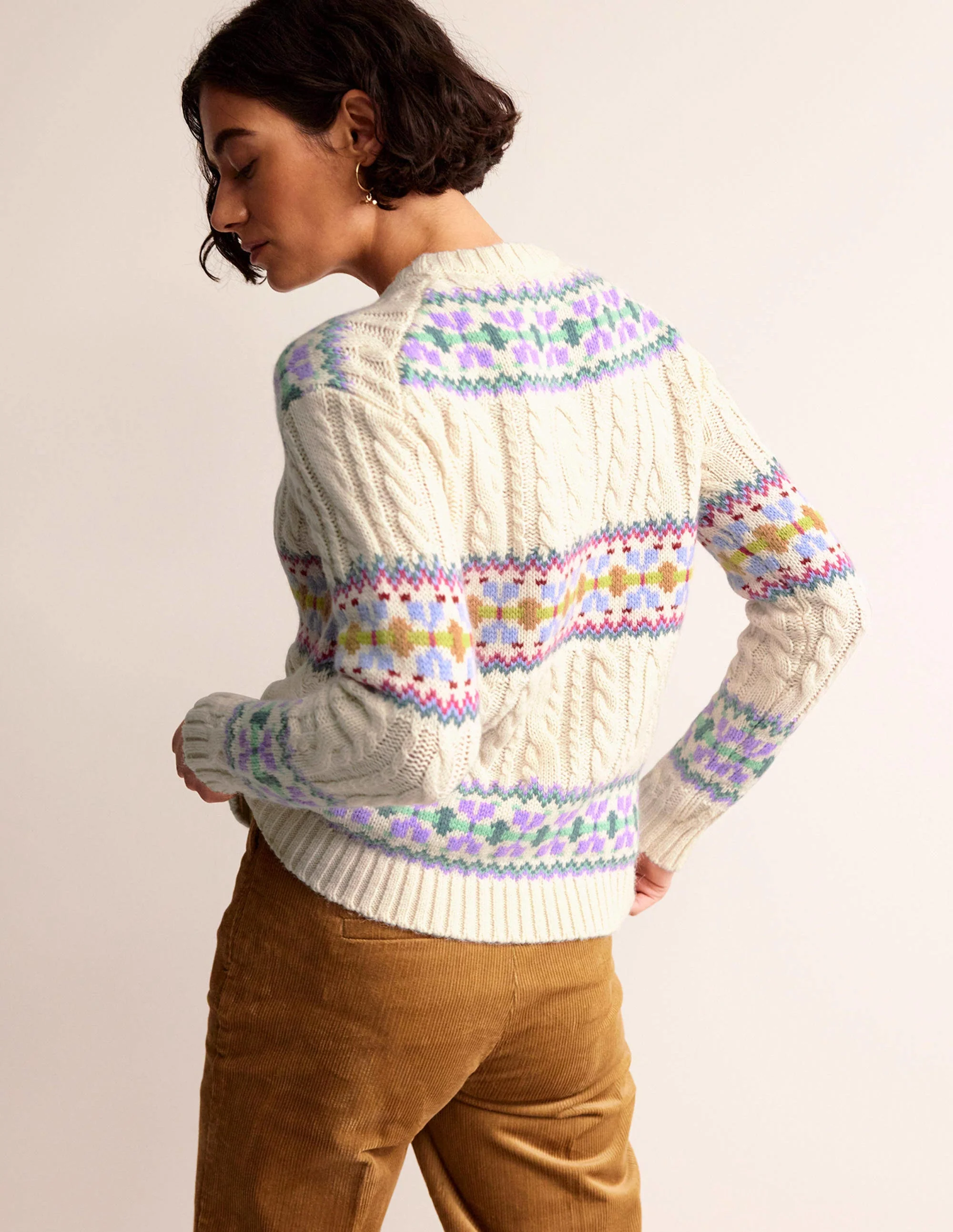 Cable Knit Fair Isle Sweater-Warm Ivory - Image 3