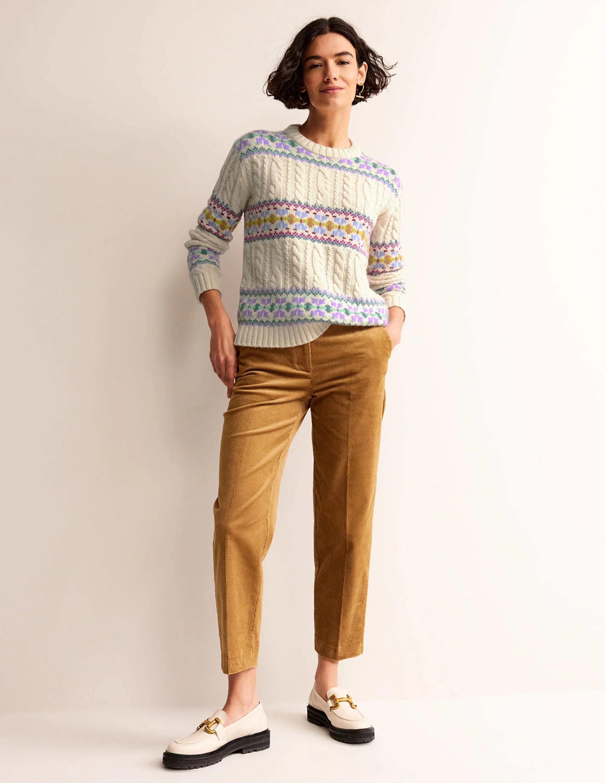 Cable Knit Fair Isle Sweater-Warm Ivory - Image 4