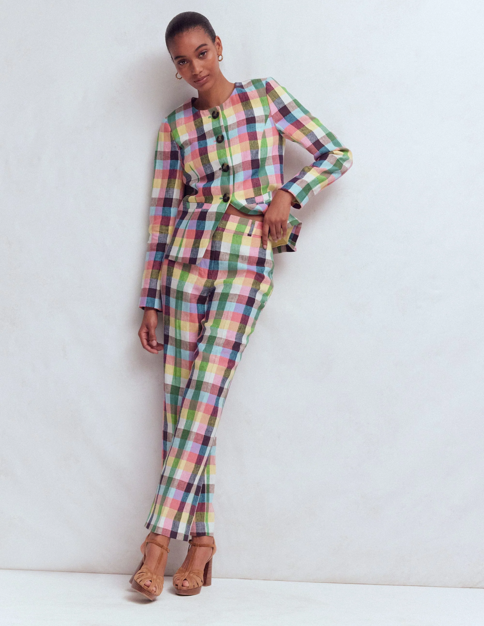 Canonbury 7/8 Linen Pants-Soft Yellow, Pink Multigingham