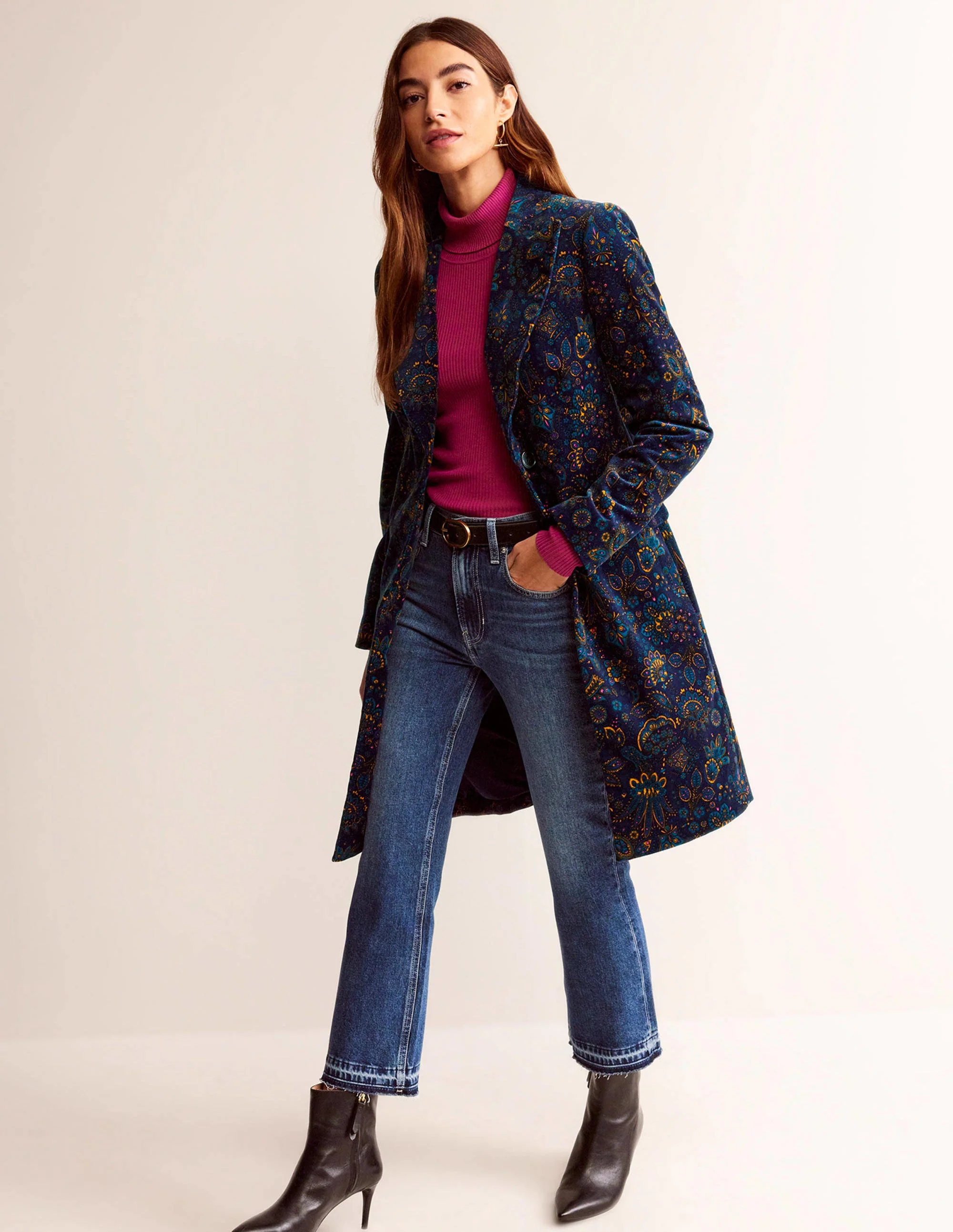Canterbury Velvet Coat-French Navy, Azalea Bloom