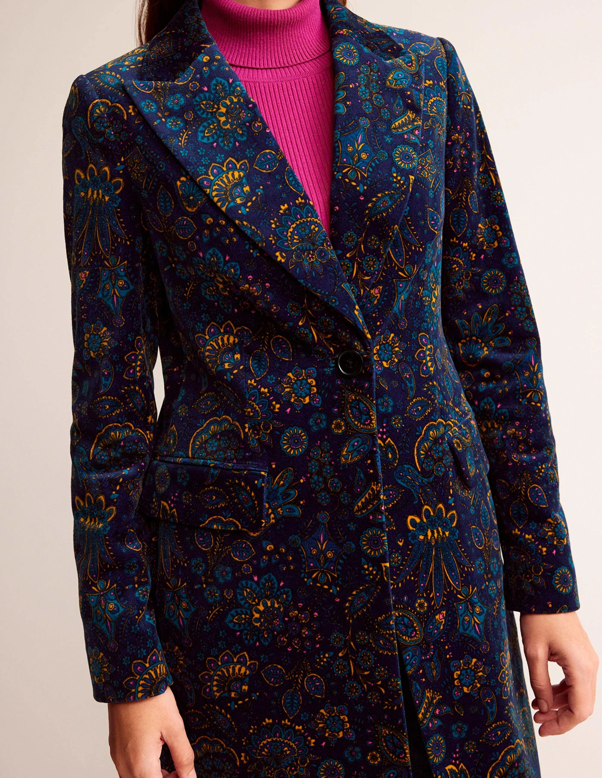 Canterbury Velvet Coat-French Navy, Azalea Bloom - Image 2