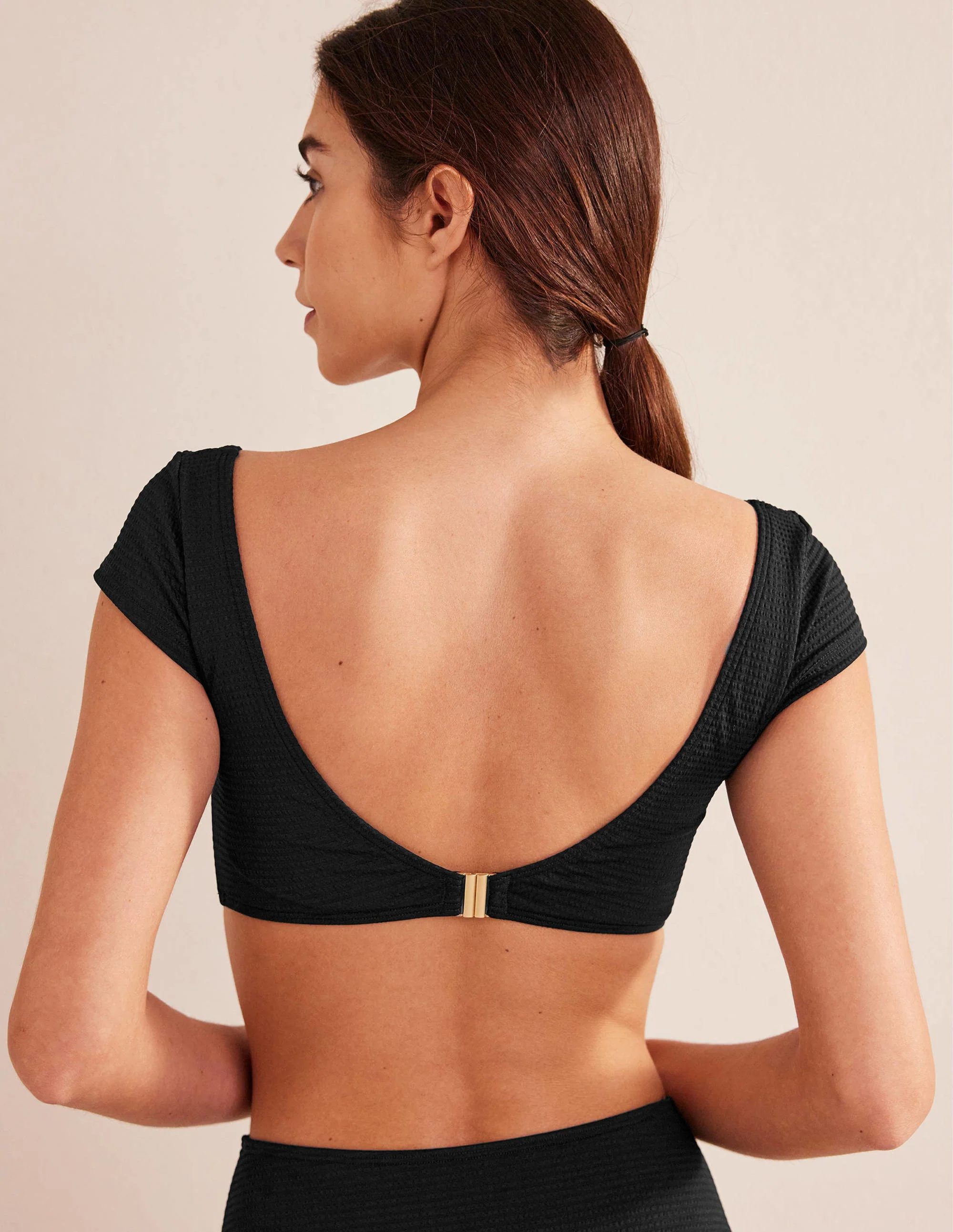 Cap Sleeve Tie Bikini Top-Black Seersucker Texture - Image 3