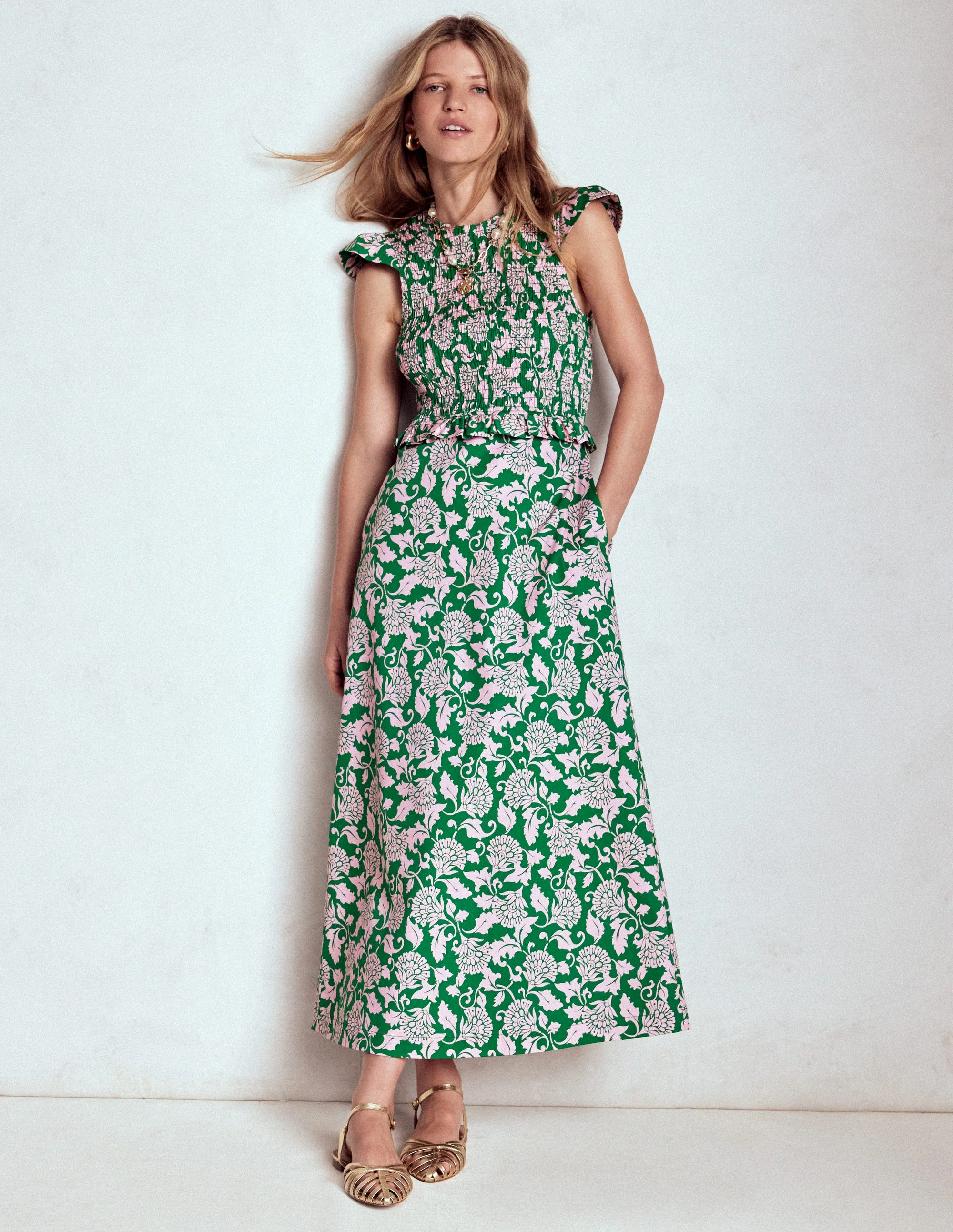 Carolina Smocked Midi Dress-Rich Emerald, Ornate Vine - Image 5
