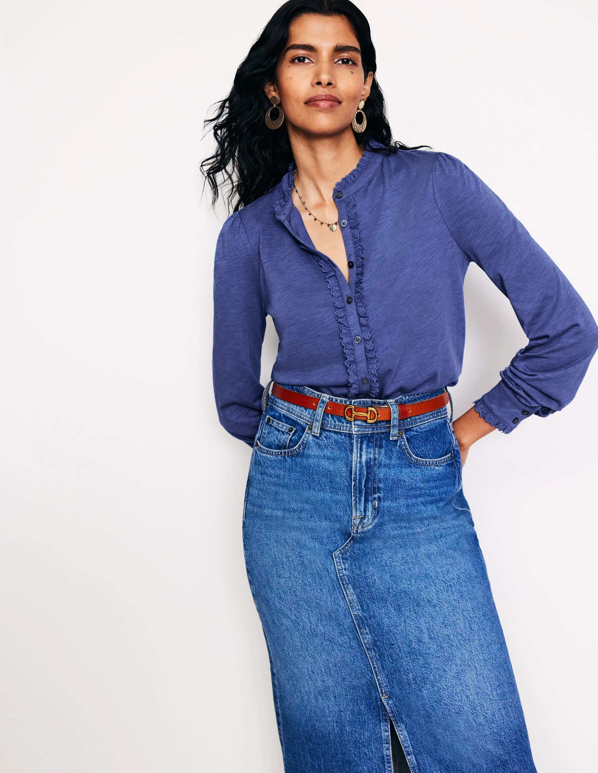 Caroline Broderie Jersey Shirt-True Navy