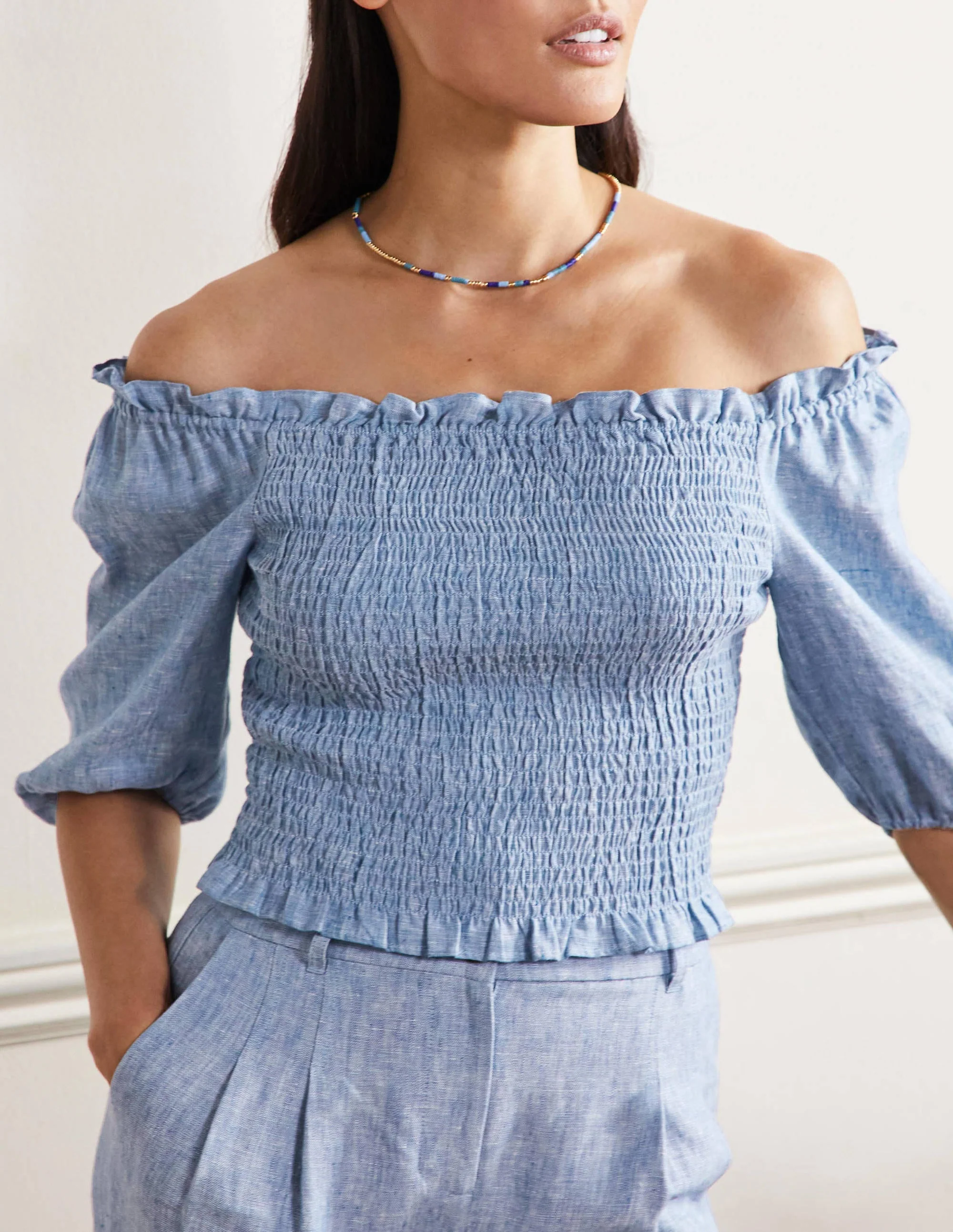 Carrie Smocked Linen Top-Chambray - Image 5