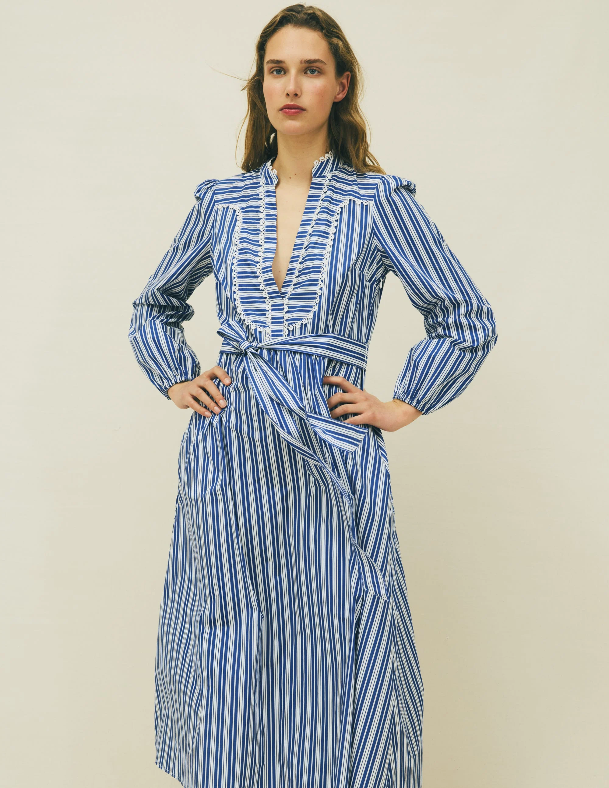 Cary Cotton Midi Dress-Bright Blue Varigated Stripe - Image 5