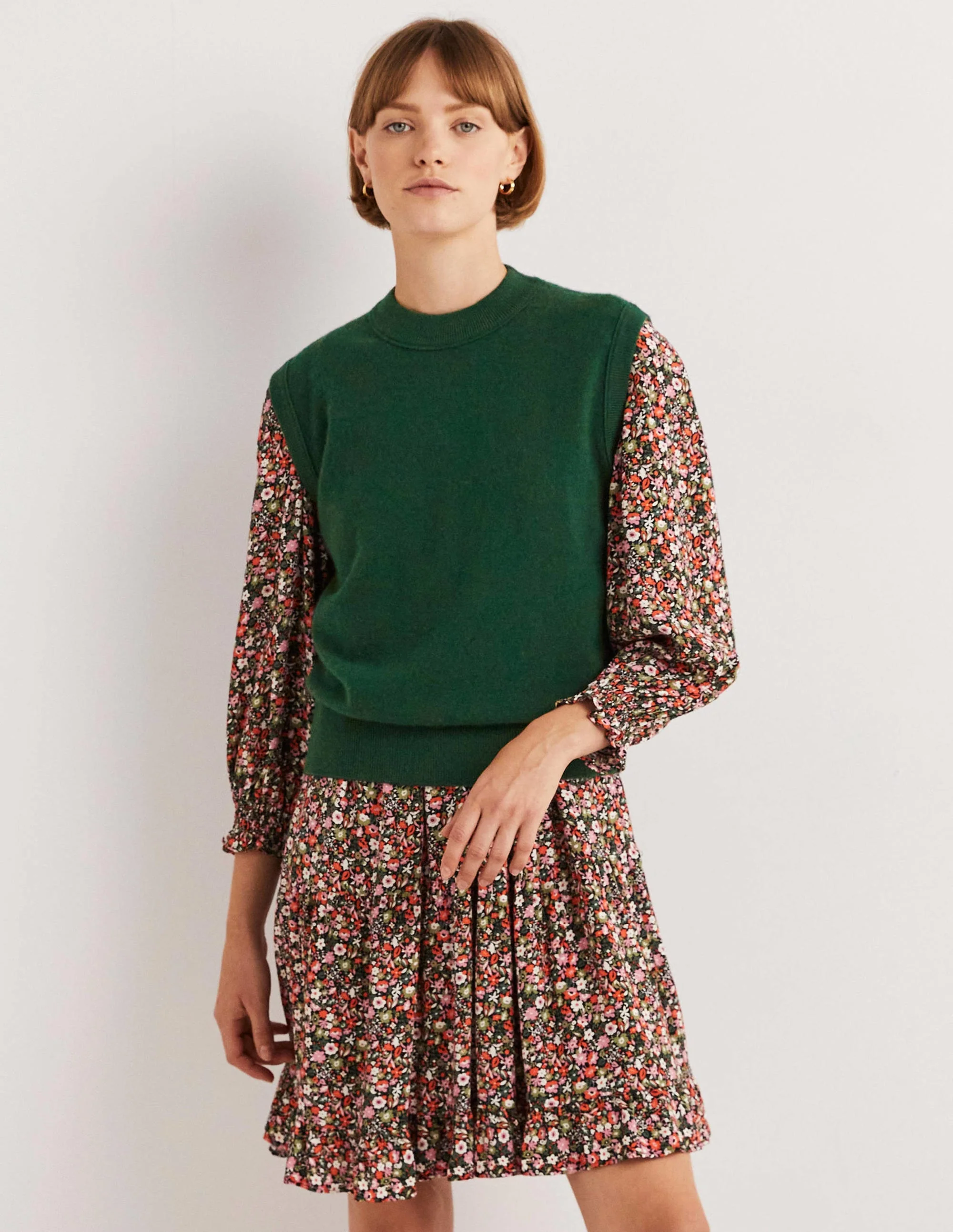 Cashmere Crew Neck Vest-Hunter Green Melange