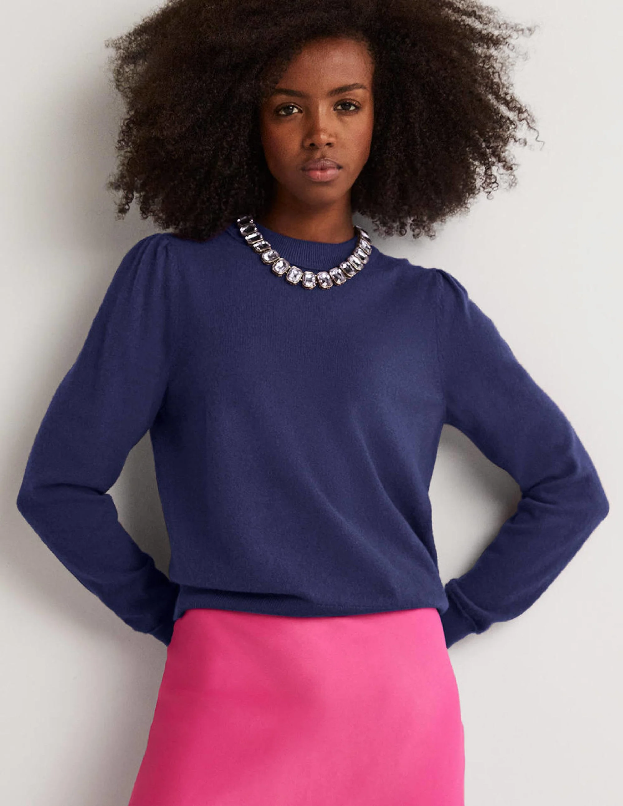 Cashmere Puff Shoulder Sweater-Navy - Image 5