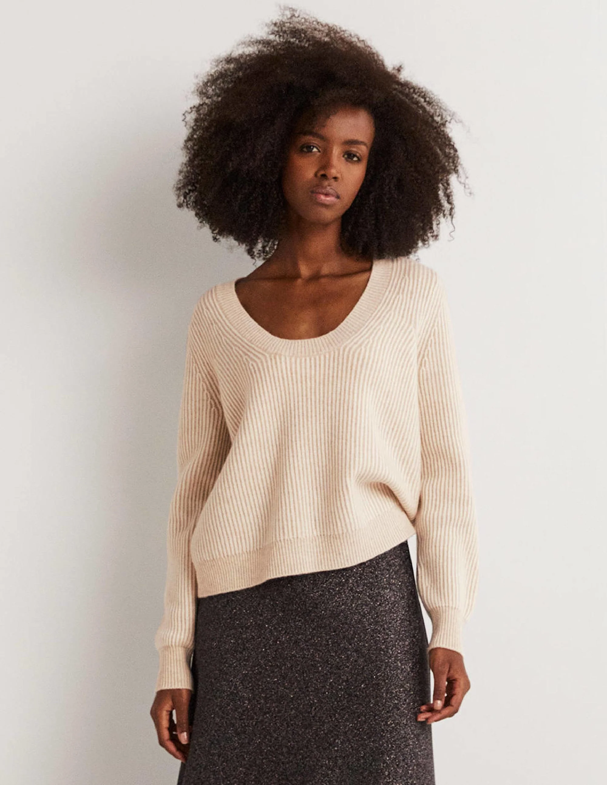 Cashmere Scoop Neck Sweater-Oatmeal Melange, Ivory