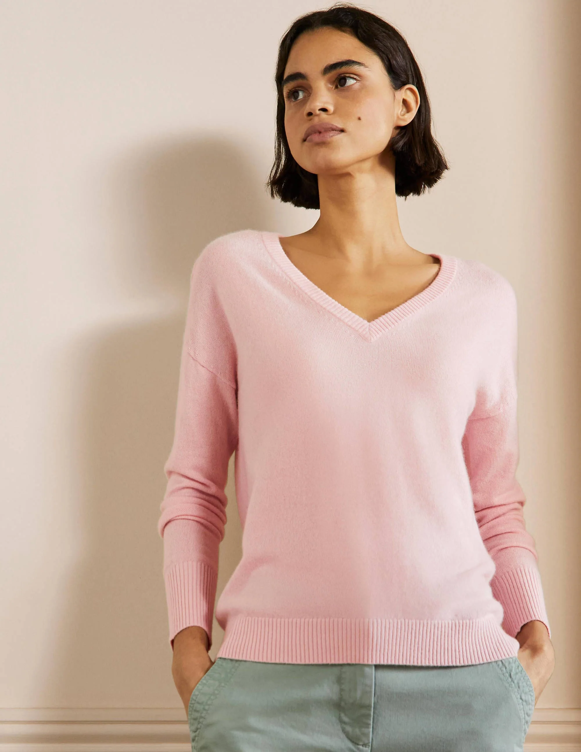 Cashmere V-neck Relax Jumper-Pink Blush