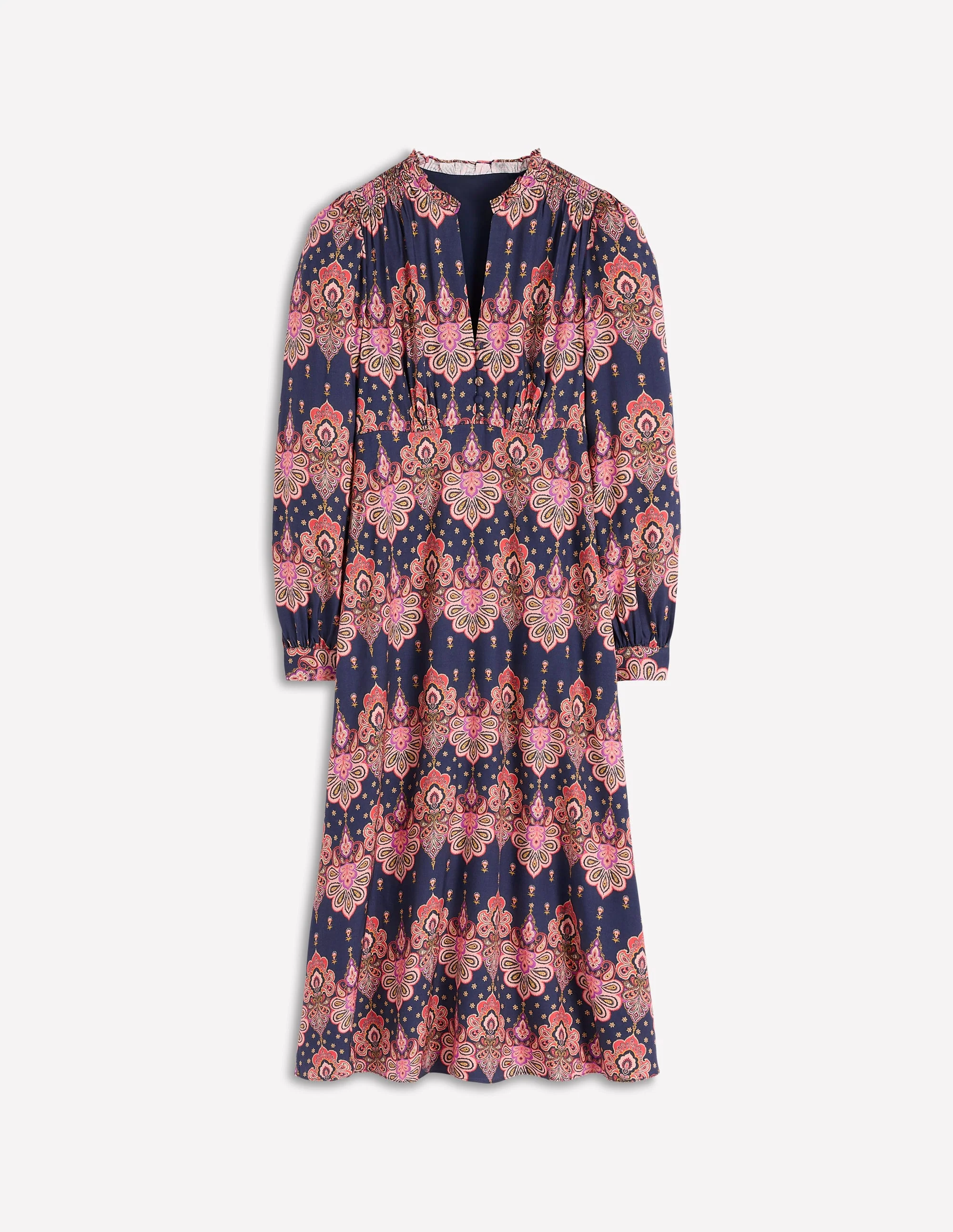 Cassie Smocked Tea Dress-Navy, Embellished Paisley - Image 6