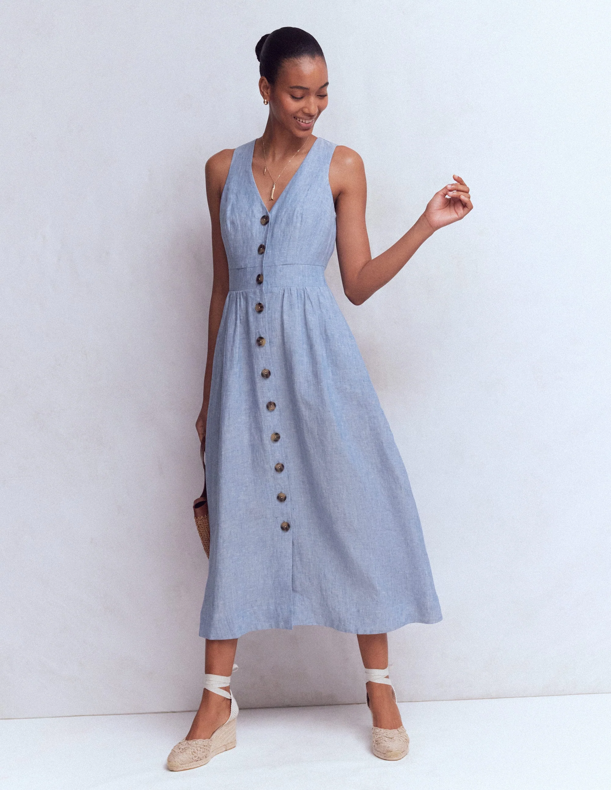 Catherine Button Linen Dress-Chambray