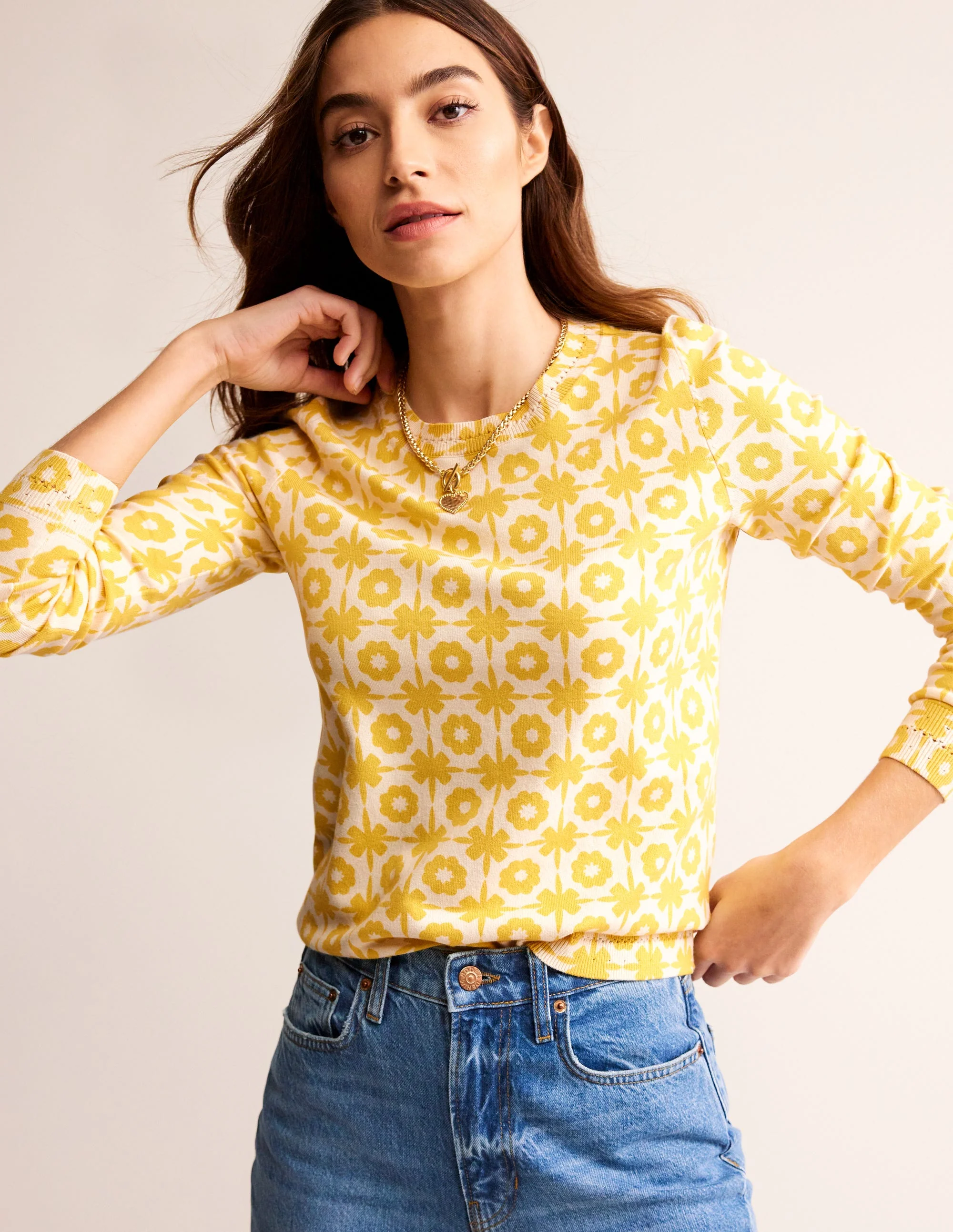 Catriona Cotton Crew Jumper-Mimosa Yellow Print - Image 4