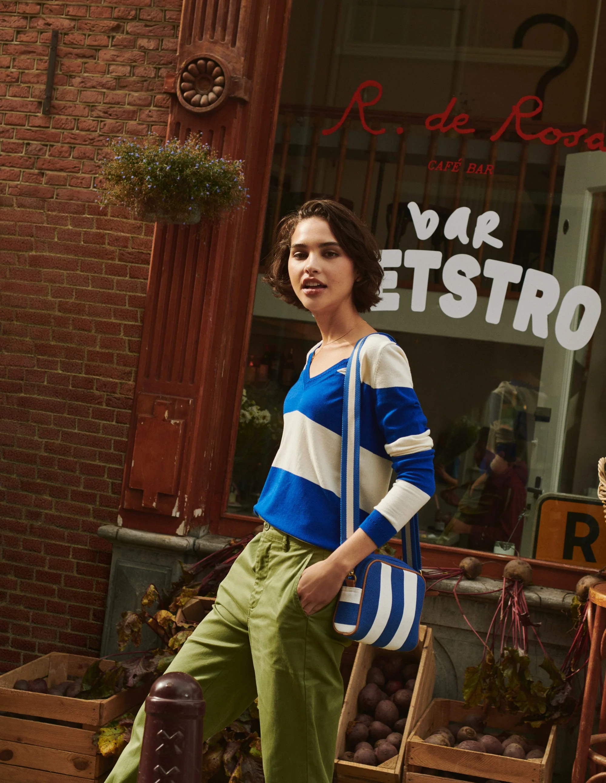 Catriona Cotton V-Neck Jumper-Bright Blue Stripe - Image 5