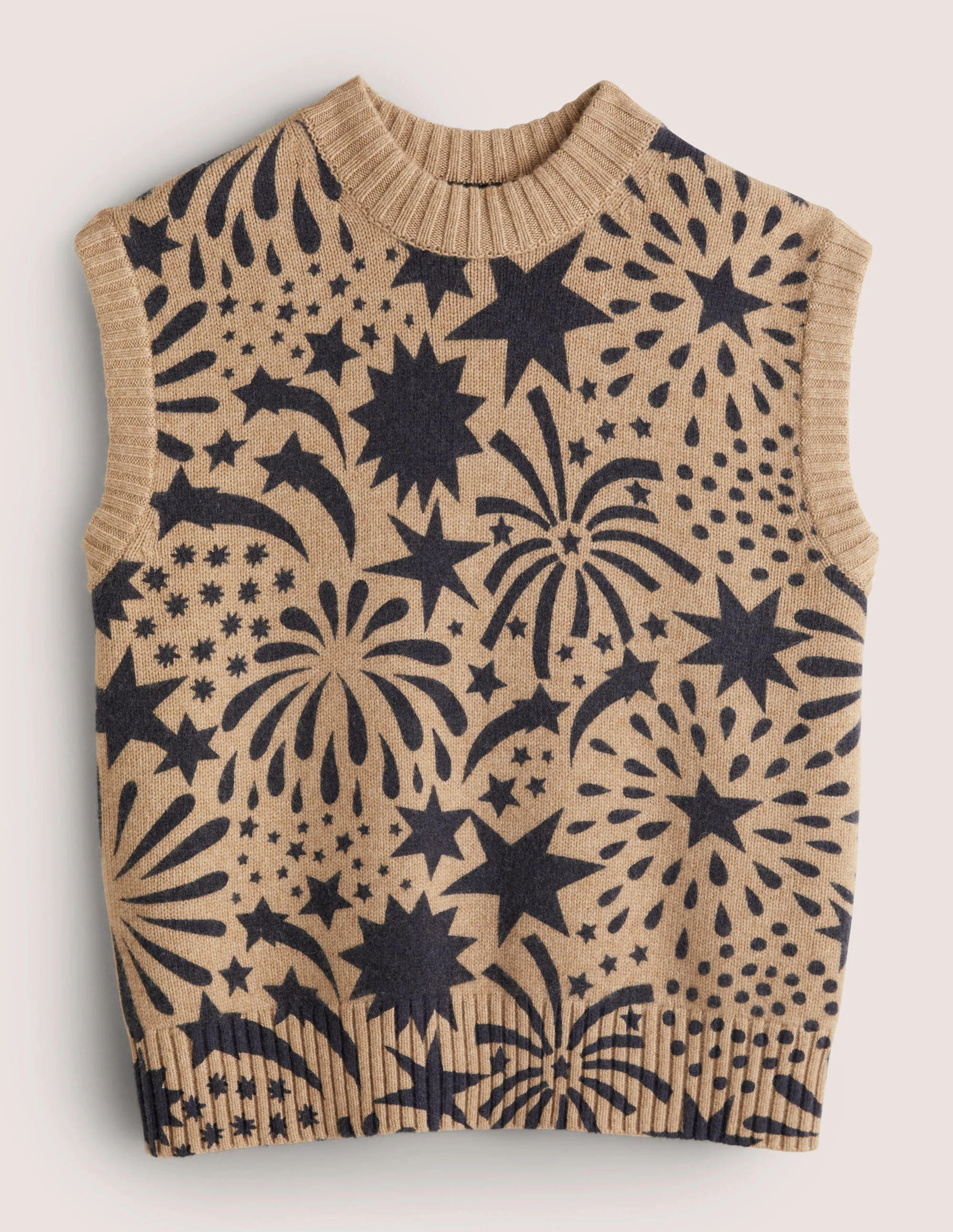 Chunky Cashmere Crew Neck Vest-Camel, Black Firework Bloom - Image 5