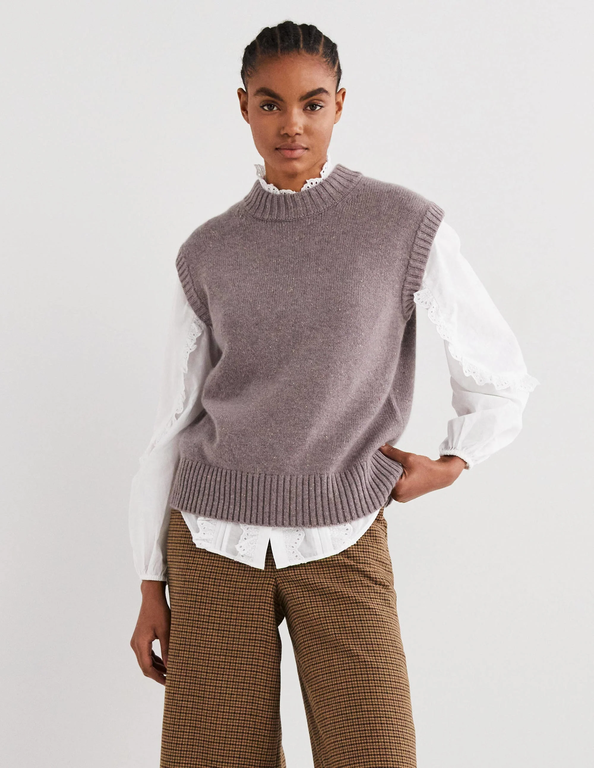 Chunky Cashmere Crew Neck Vest-Grey, Multi Nep
