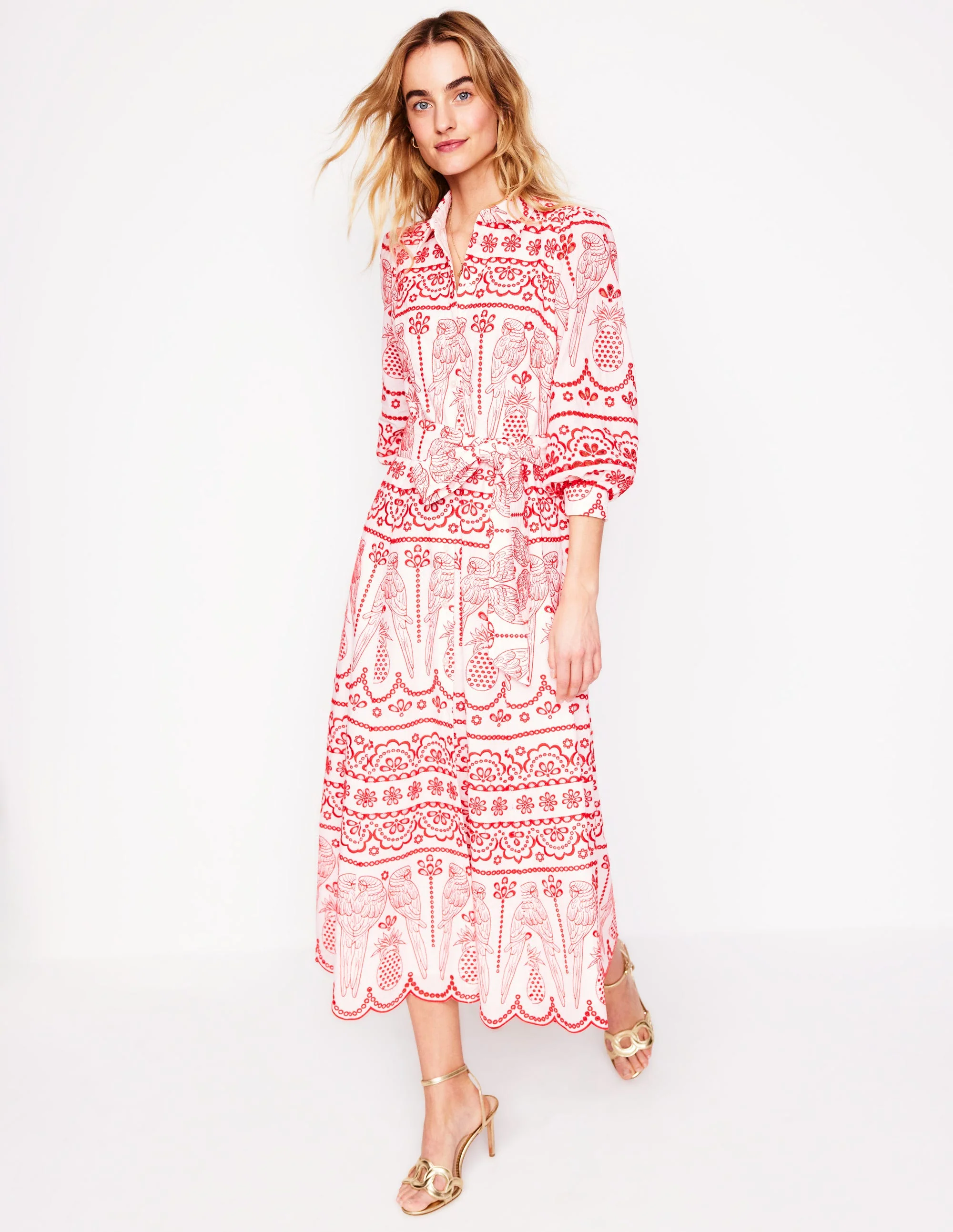 Clara Broderie Shirt Dress-Poppy Red, Parrot Broderie