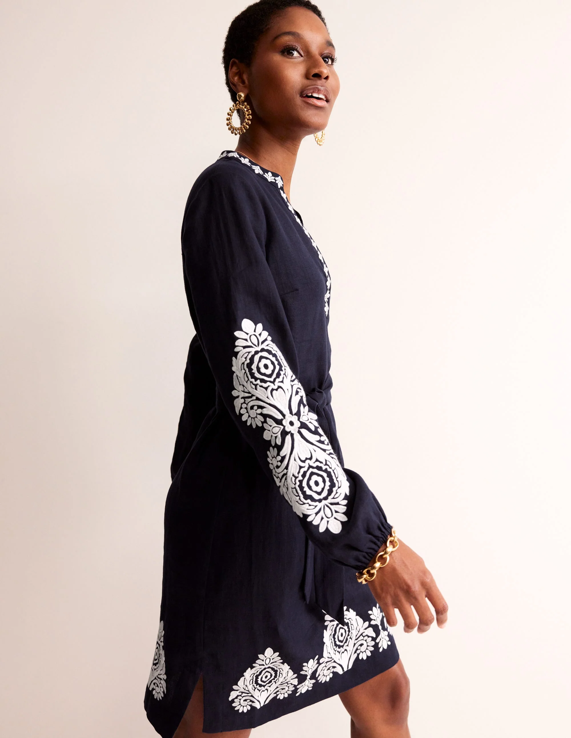 Cleo Embroidered Linen Dress-Navy, White