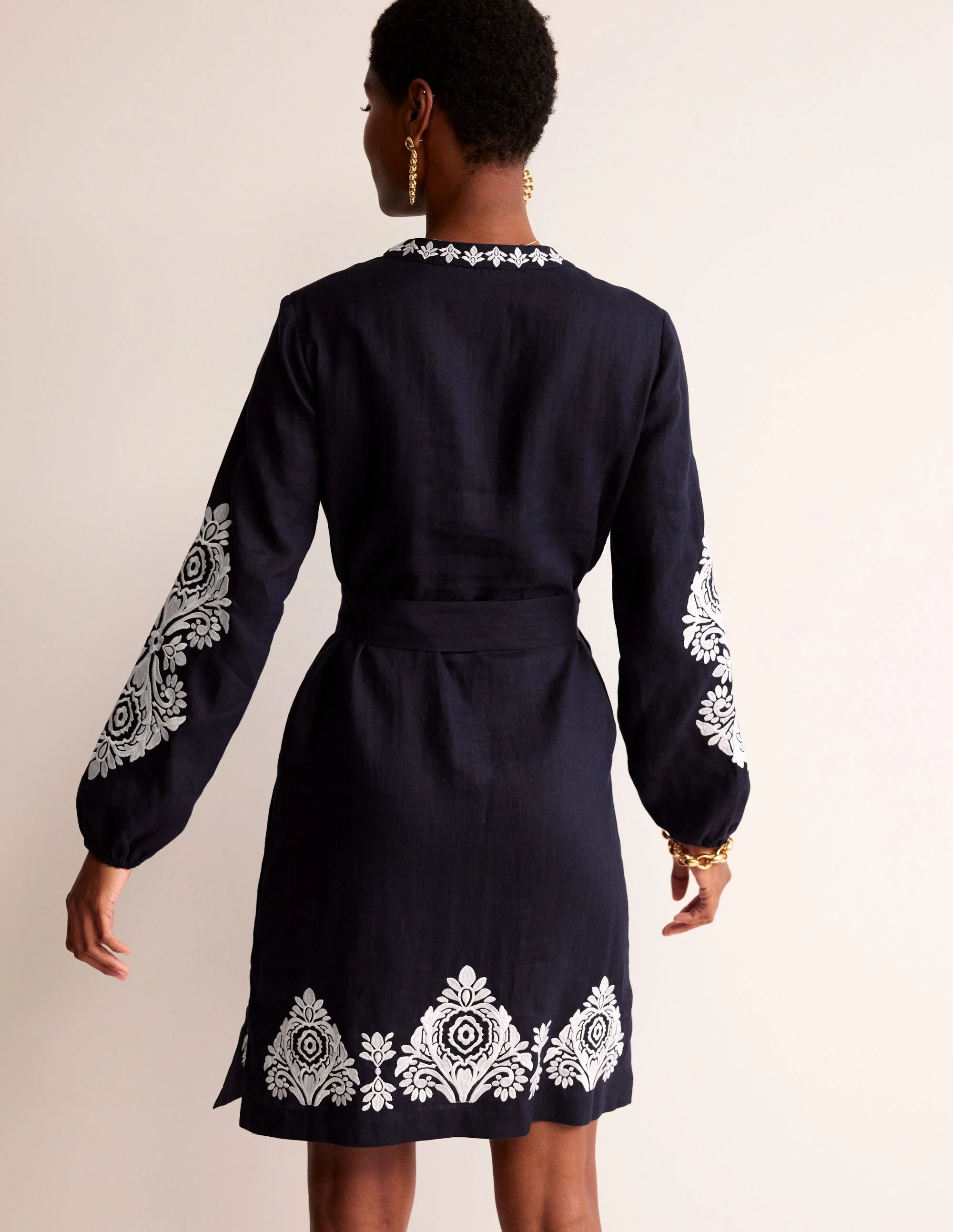 Cleo Embroidered Linen Dress-Navy, White - Image 3