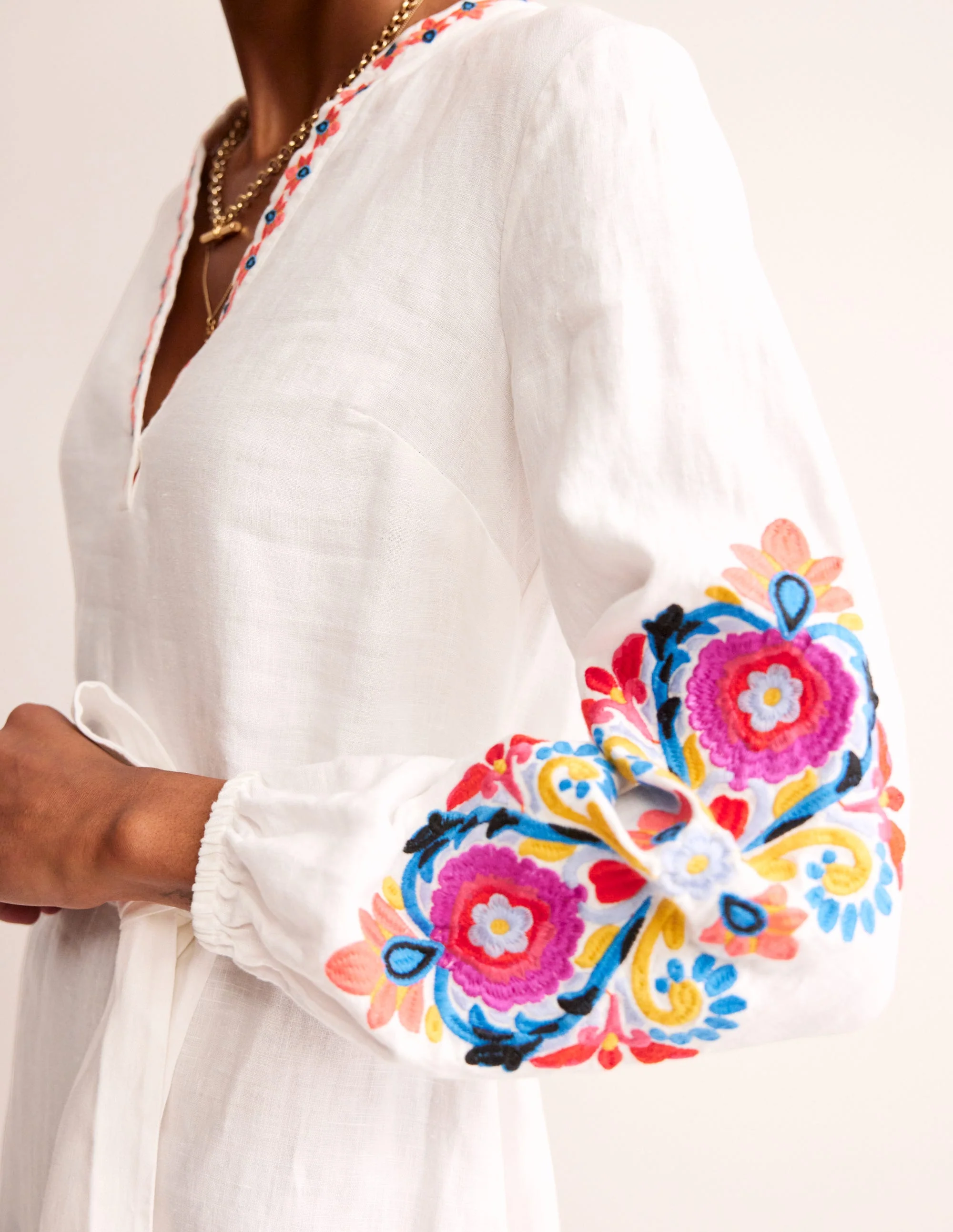 Cleo Embroidered Linen Dress-White Embroidered - Image 2