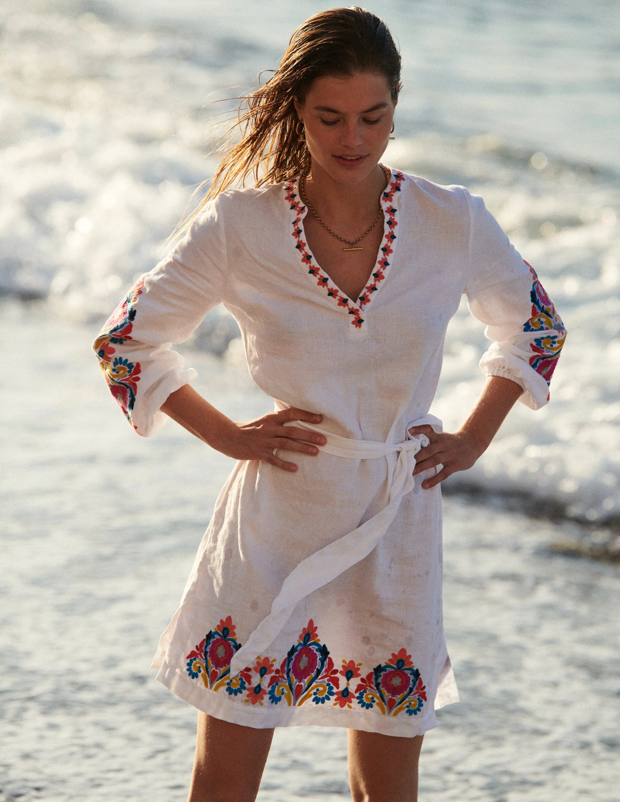 Cleo Embroidered Linen Dress-White Embroidered - Image 5