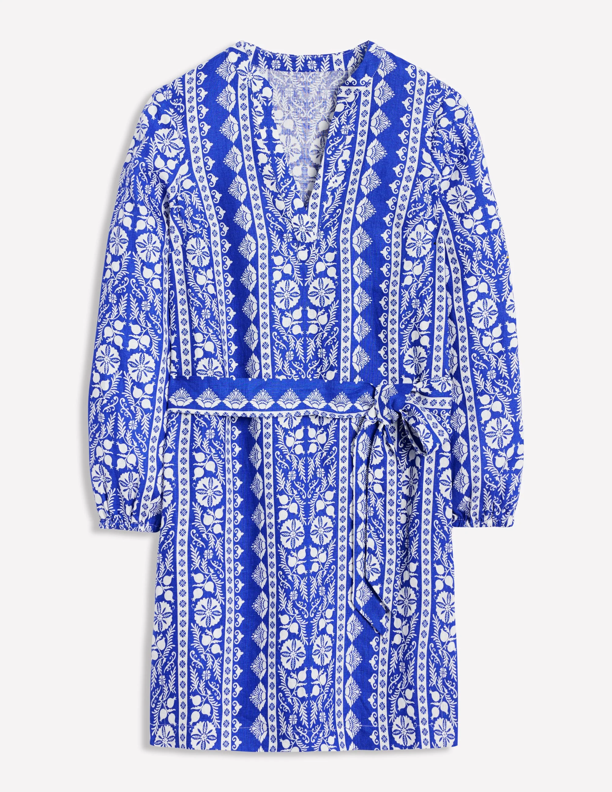 Cleo Linen Tie Waist Dress-Bright Blue, Ornate Border - Image 6
