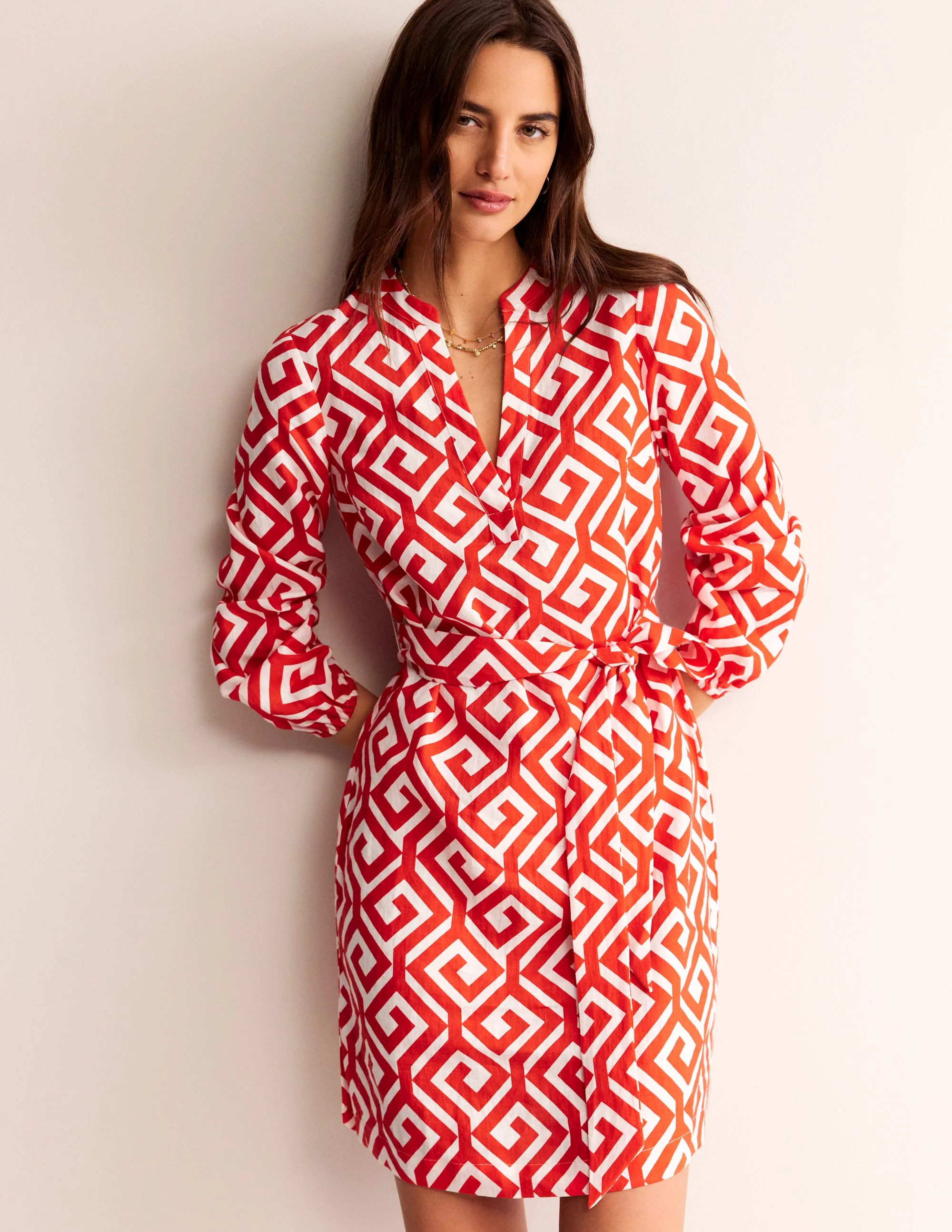 Cleo Linen Tie Waist Dress-Flame Scarlet, Maze - Image 4