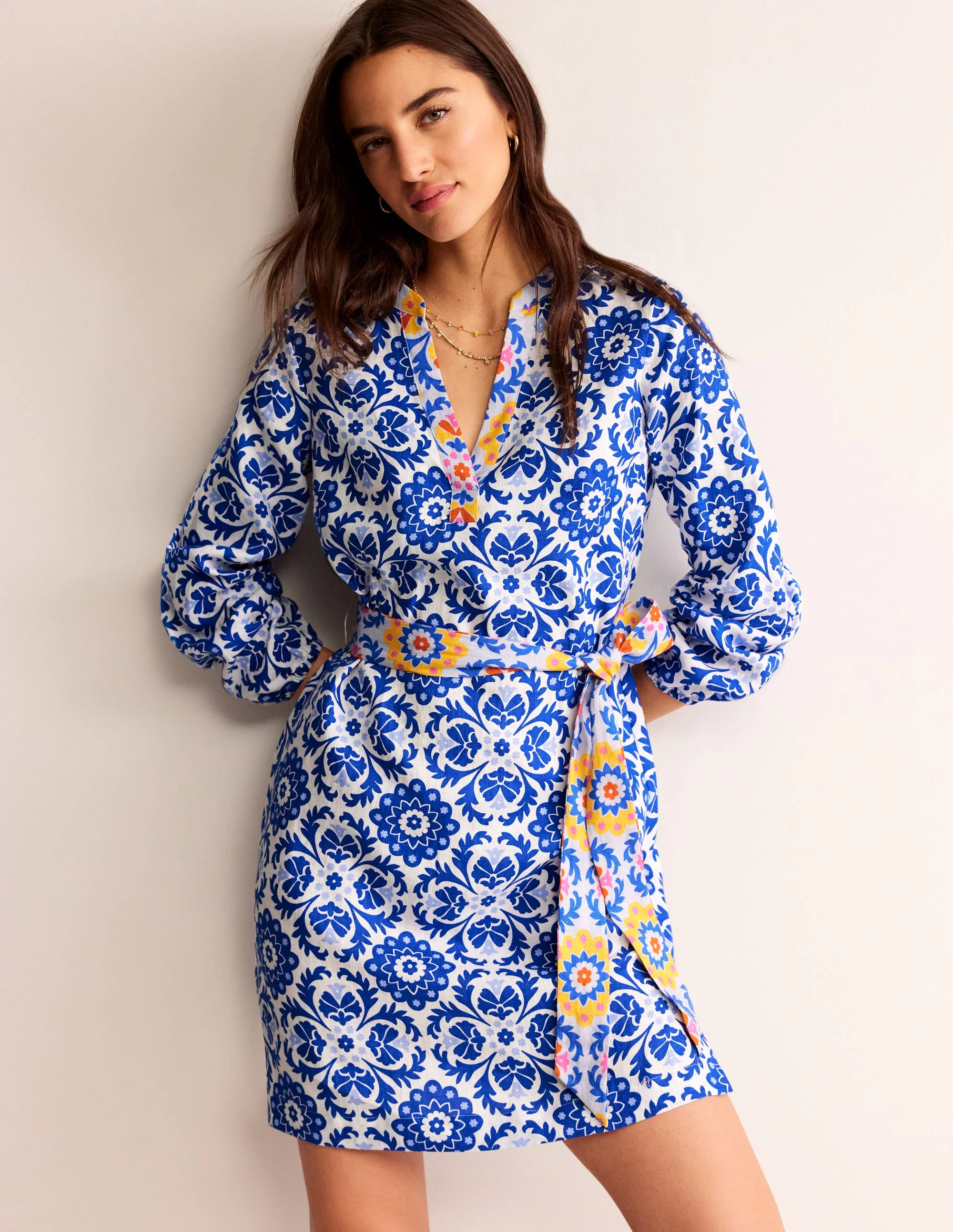 Cleo Linen Tie Waist Dress-Surf The Web, Mosaic Bloom - Image 4