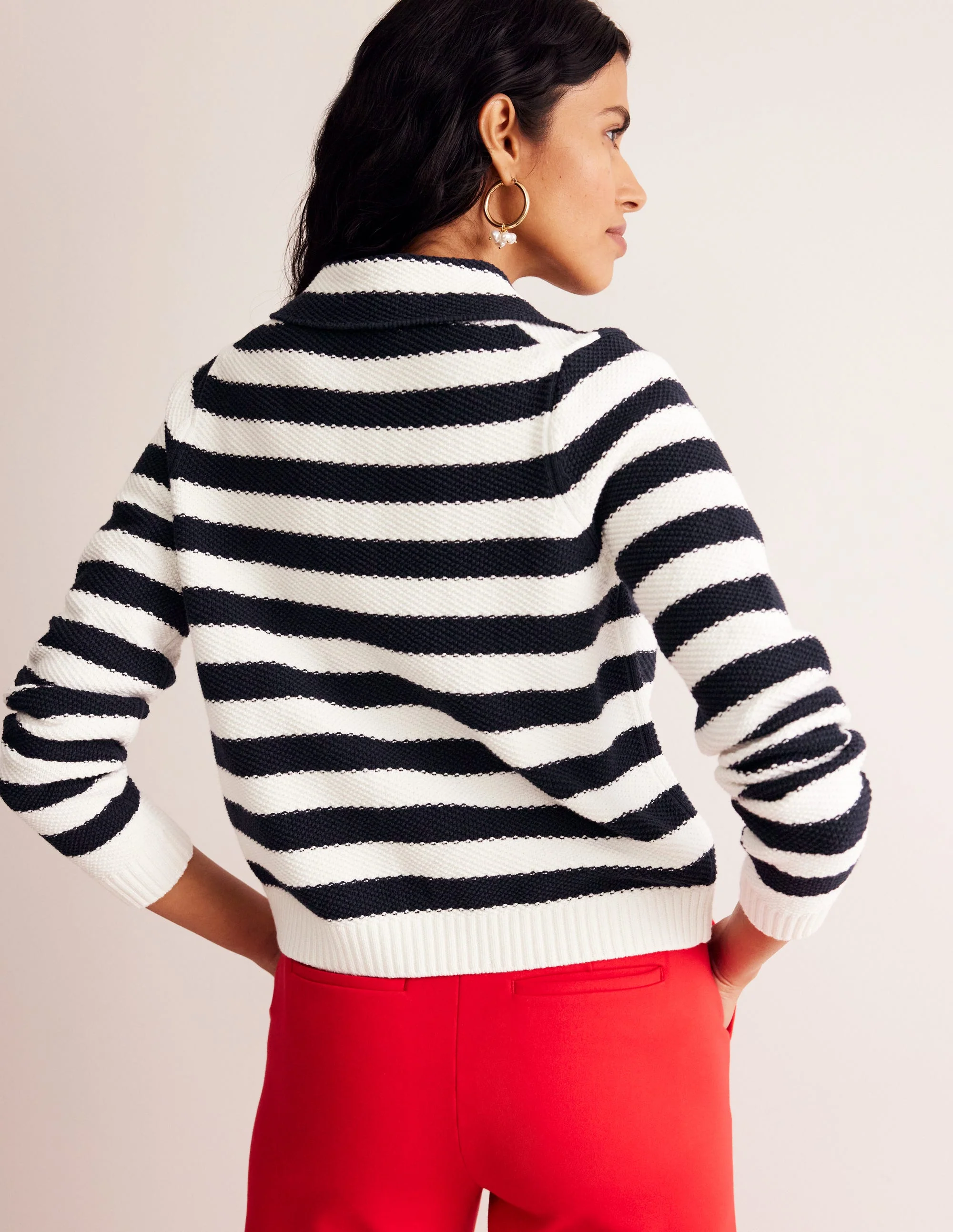 Collared Knitted Cardigan-Navy/ Ivory - Image 3