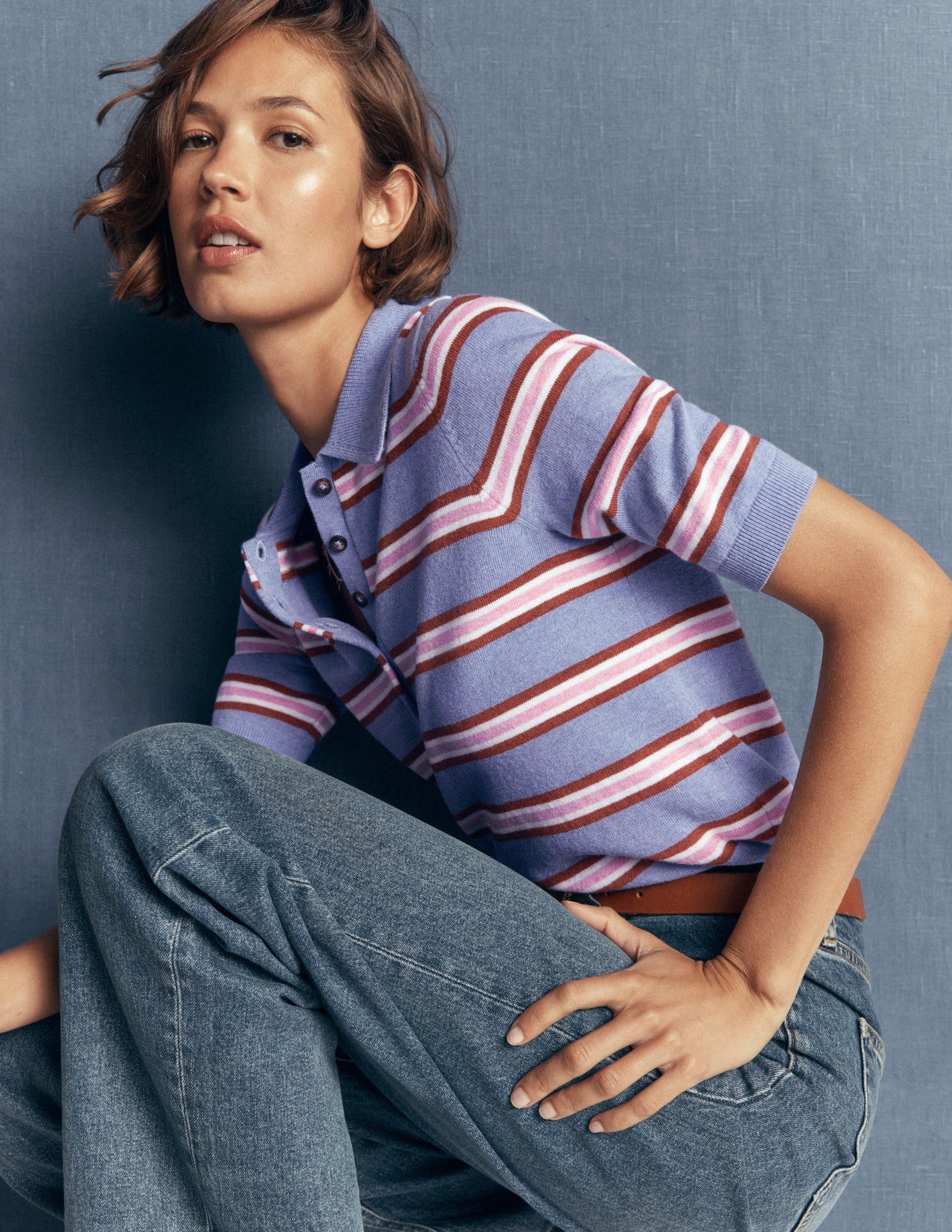 Collared Knitted T-shirt-Blue Aura, Stripe