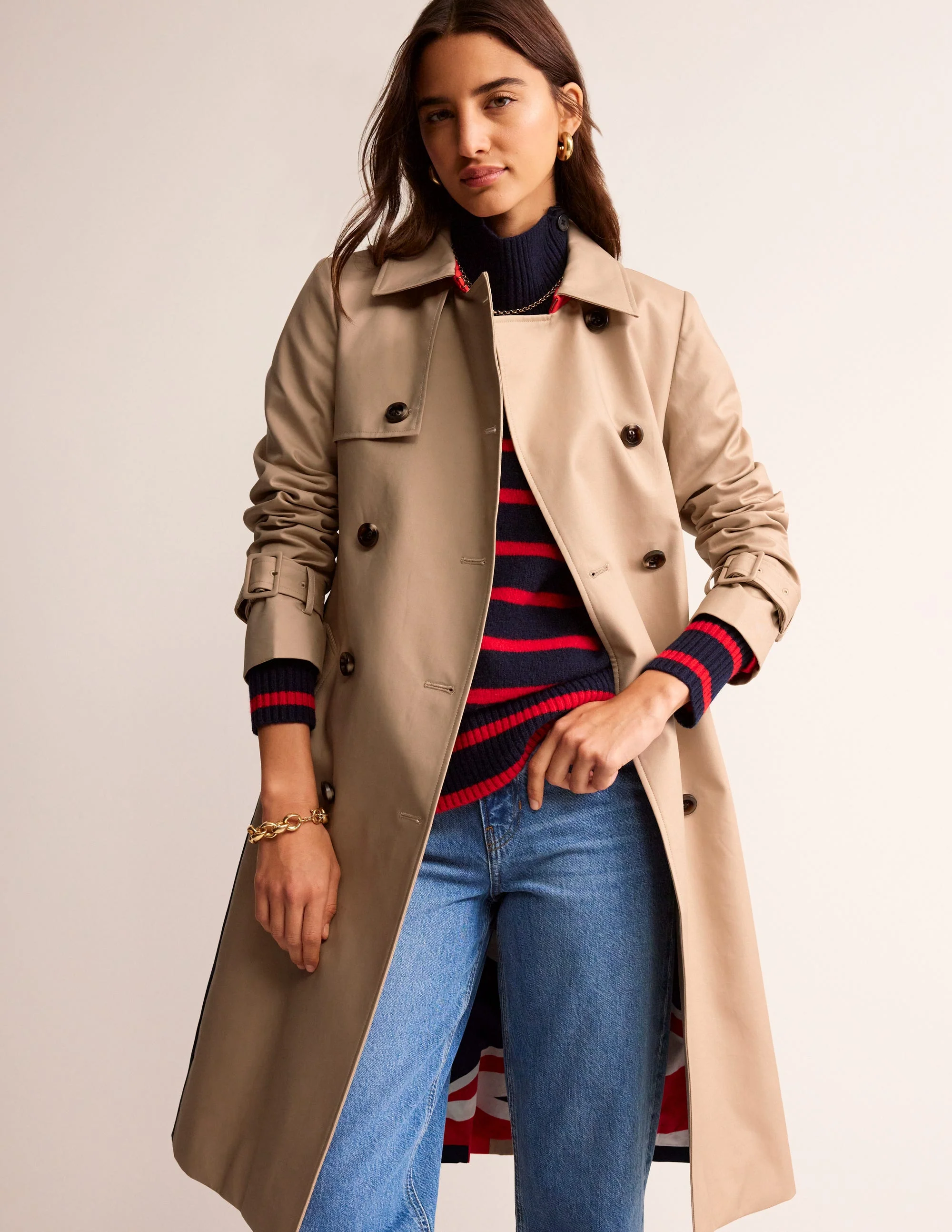 Colour Block Trench Coat-Neutral with Stripe - Image 3