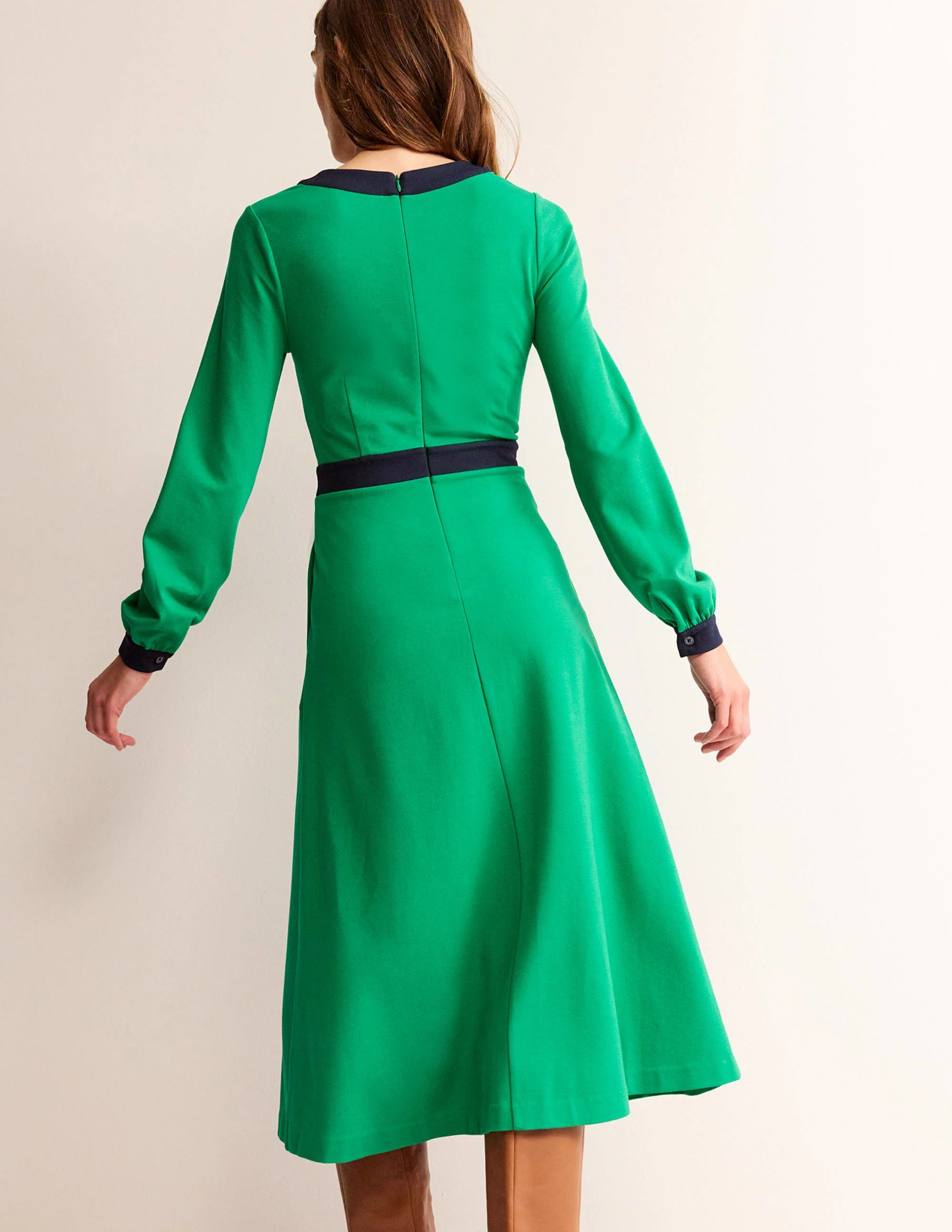 Colour Block V-Neck Midi Dress-Green and Navy - Image 4