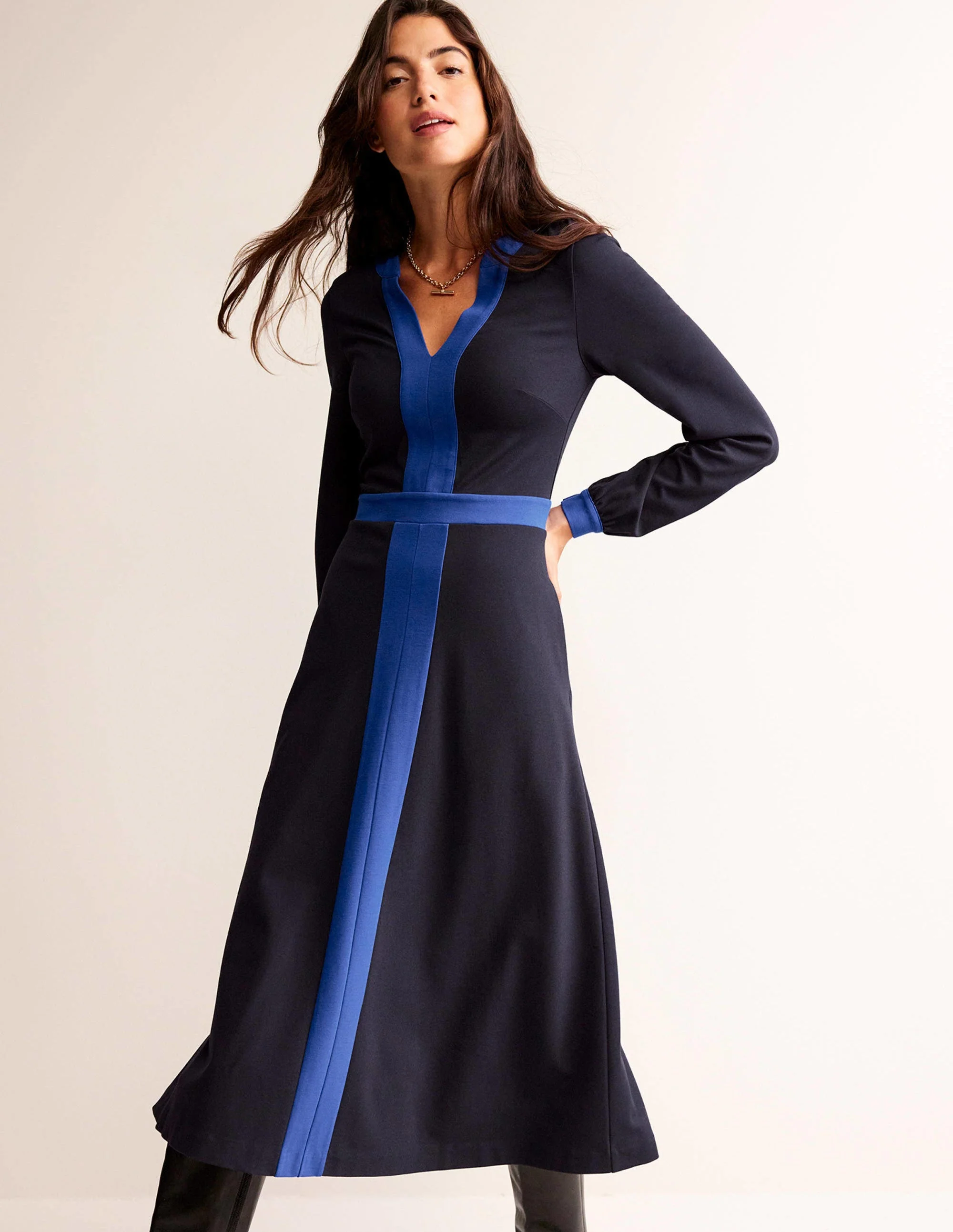 Colour Block V-Neck Midi Dress-Navy and Bright Blue