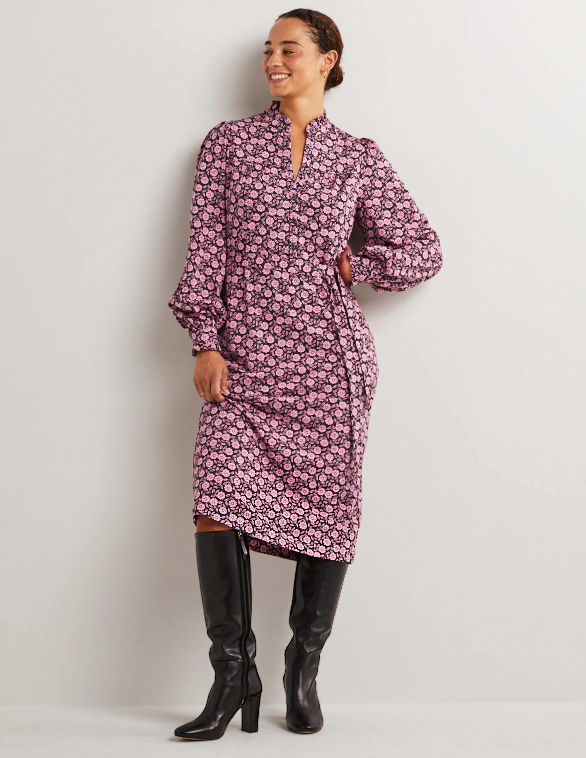 Column Jersey Midi Shirt Dress-Wild Rose, Botanica