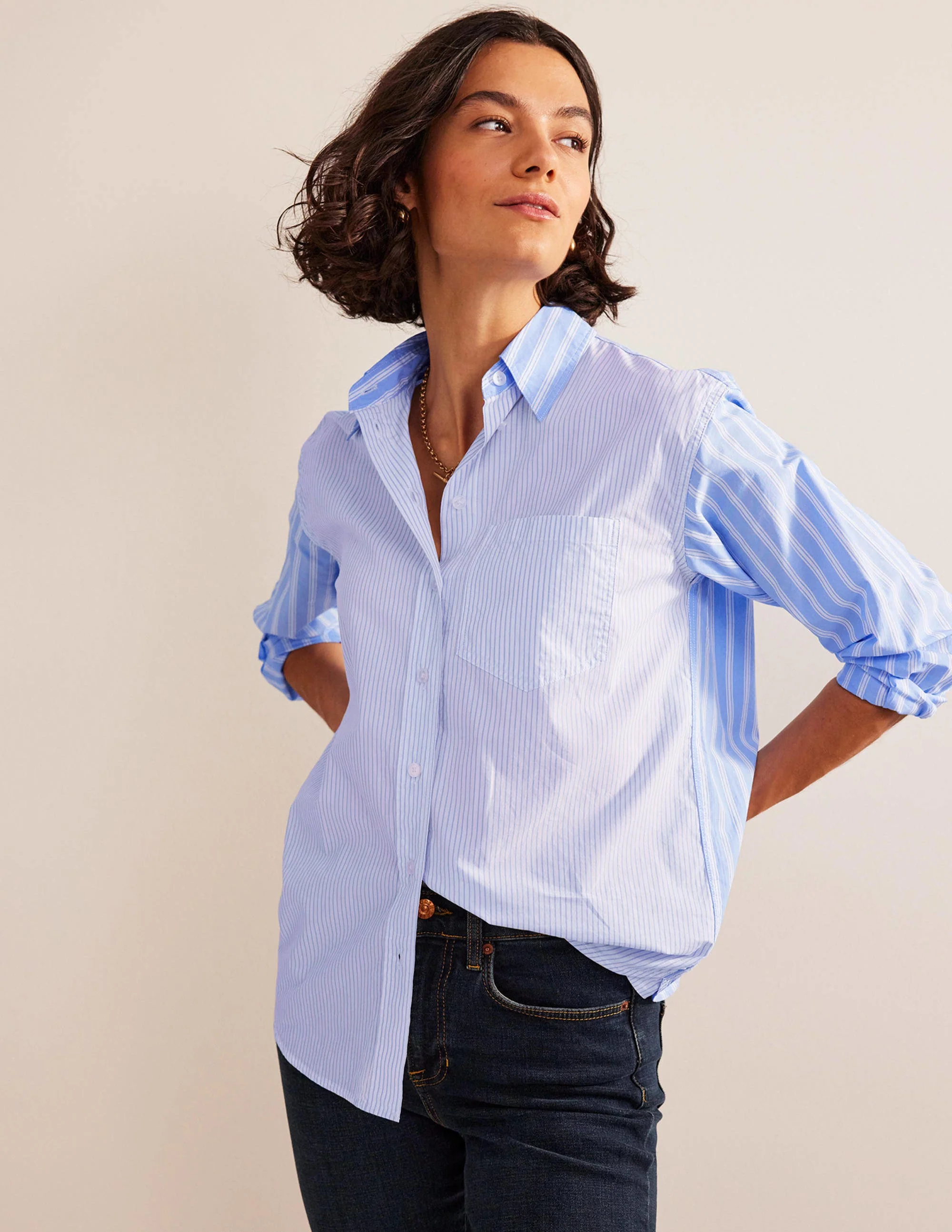 Connie Relaxed Cotton Shirt-Ivory, Blue Hotch Stripe