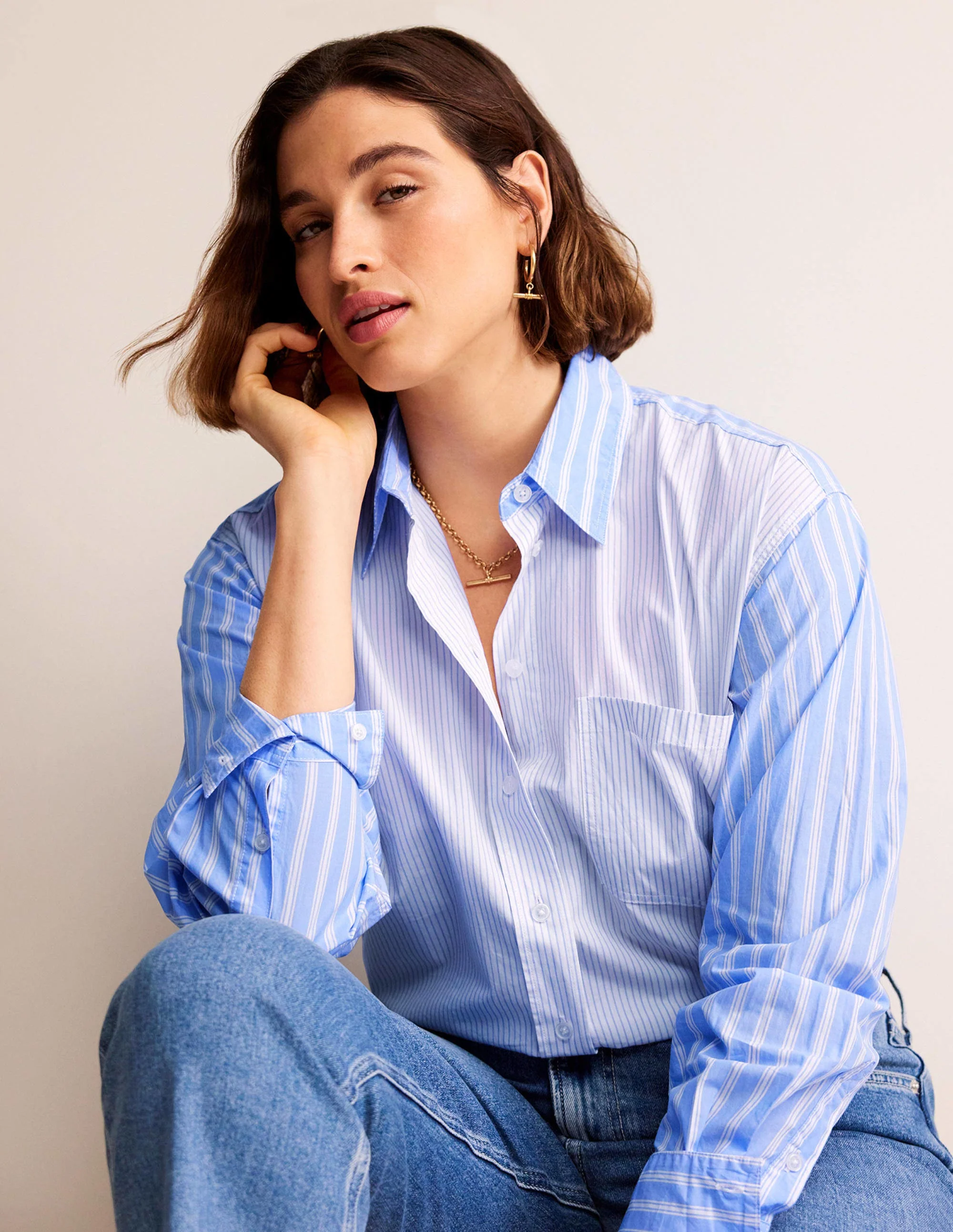 Connie Relaxed Cotton Shirt-Ivory, Blue Hotch Stripe - Image 7