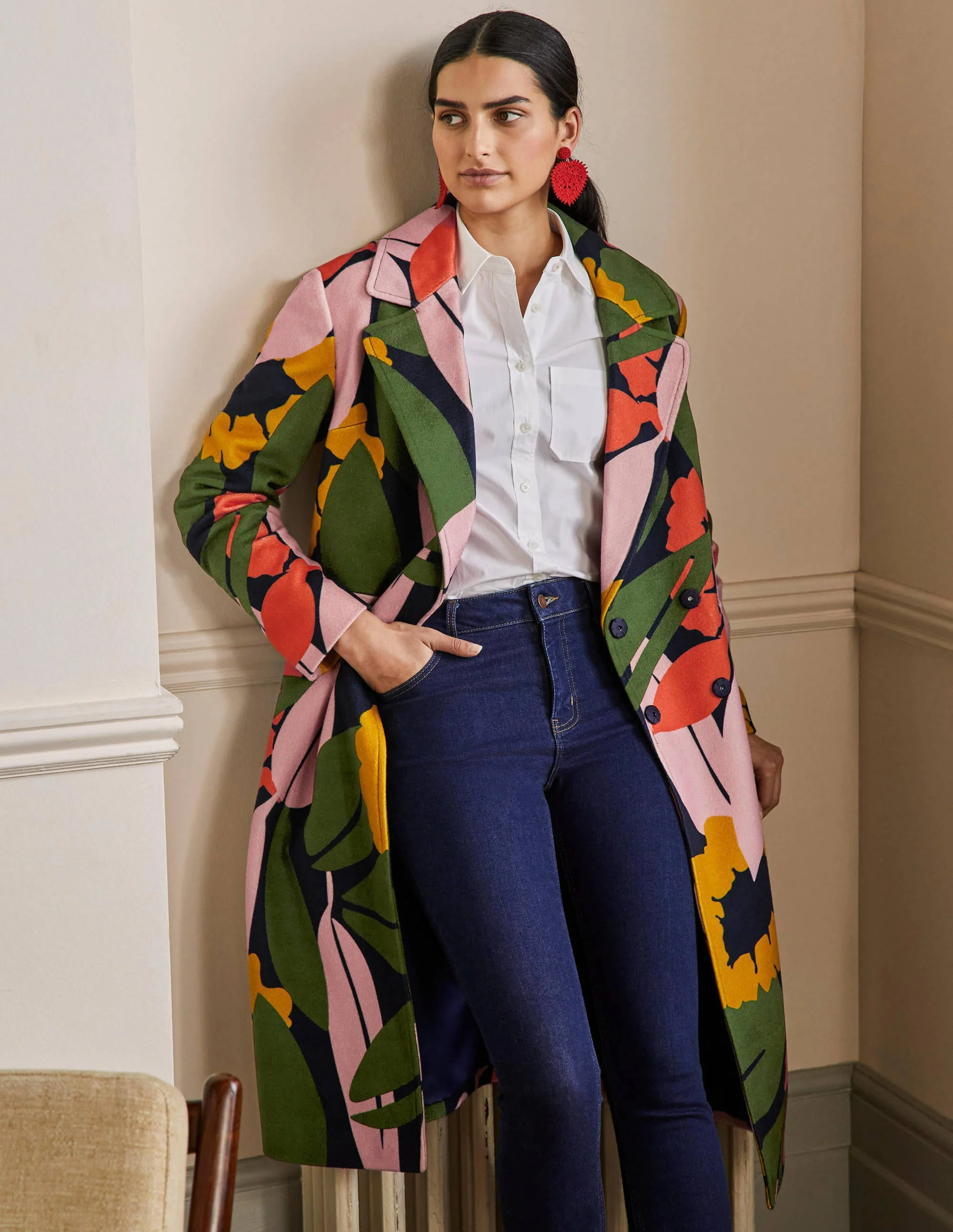 Constance Printed Wool Coat-French Navy, Abstract Bloom