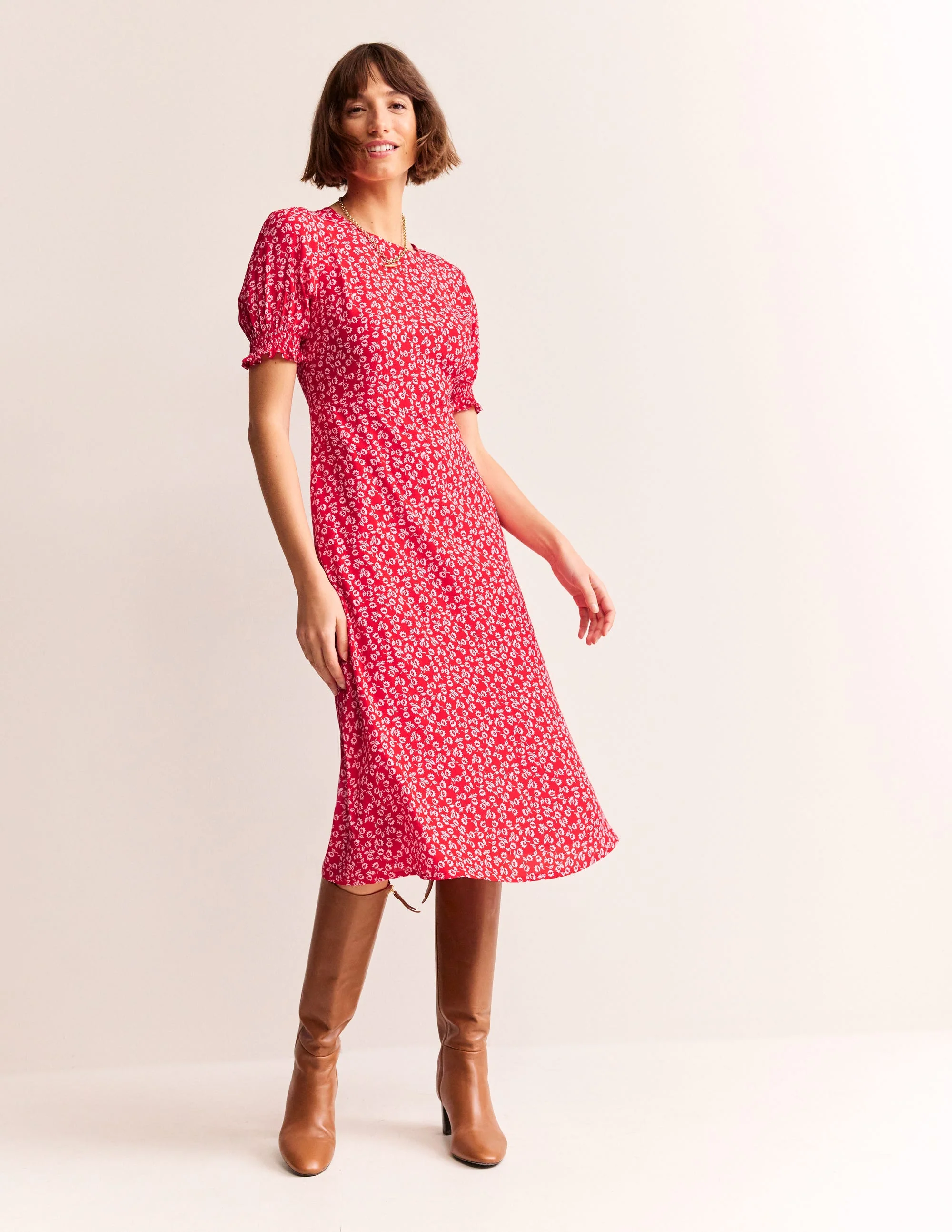 Corinne Midi Tea Dress-Flame Scarlet, Ditsy Bud - Image 4