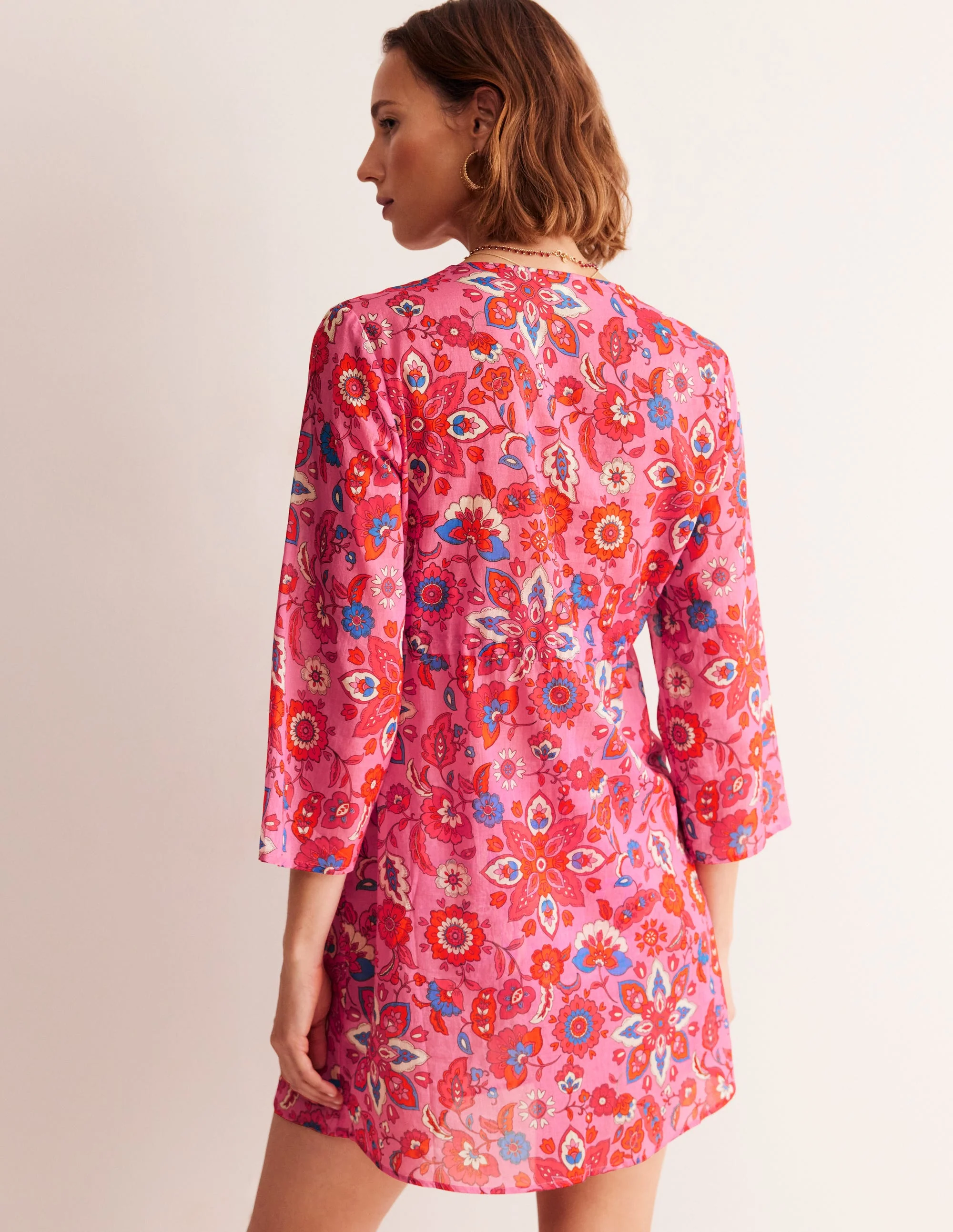 Cotton Beach Short Kaftan-Sangria Sunset, Botanical - Image 3