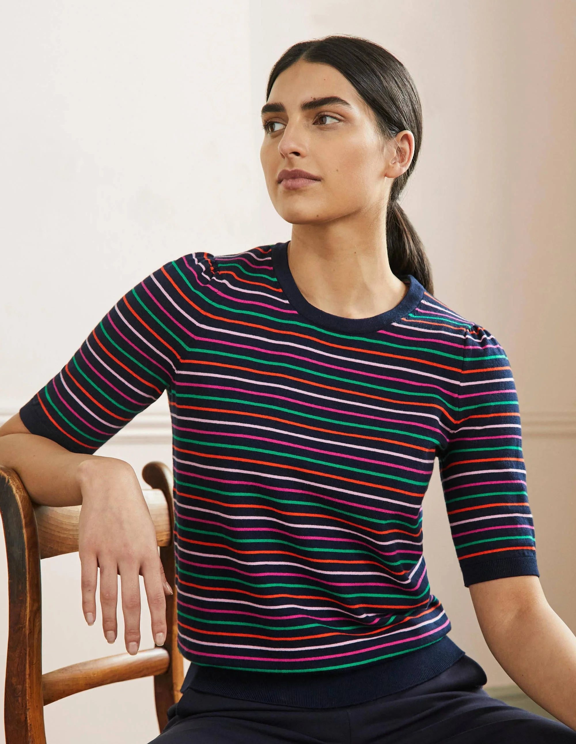 Cotton Crew Knitted Top-Navy, Multi Stripe