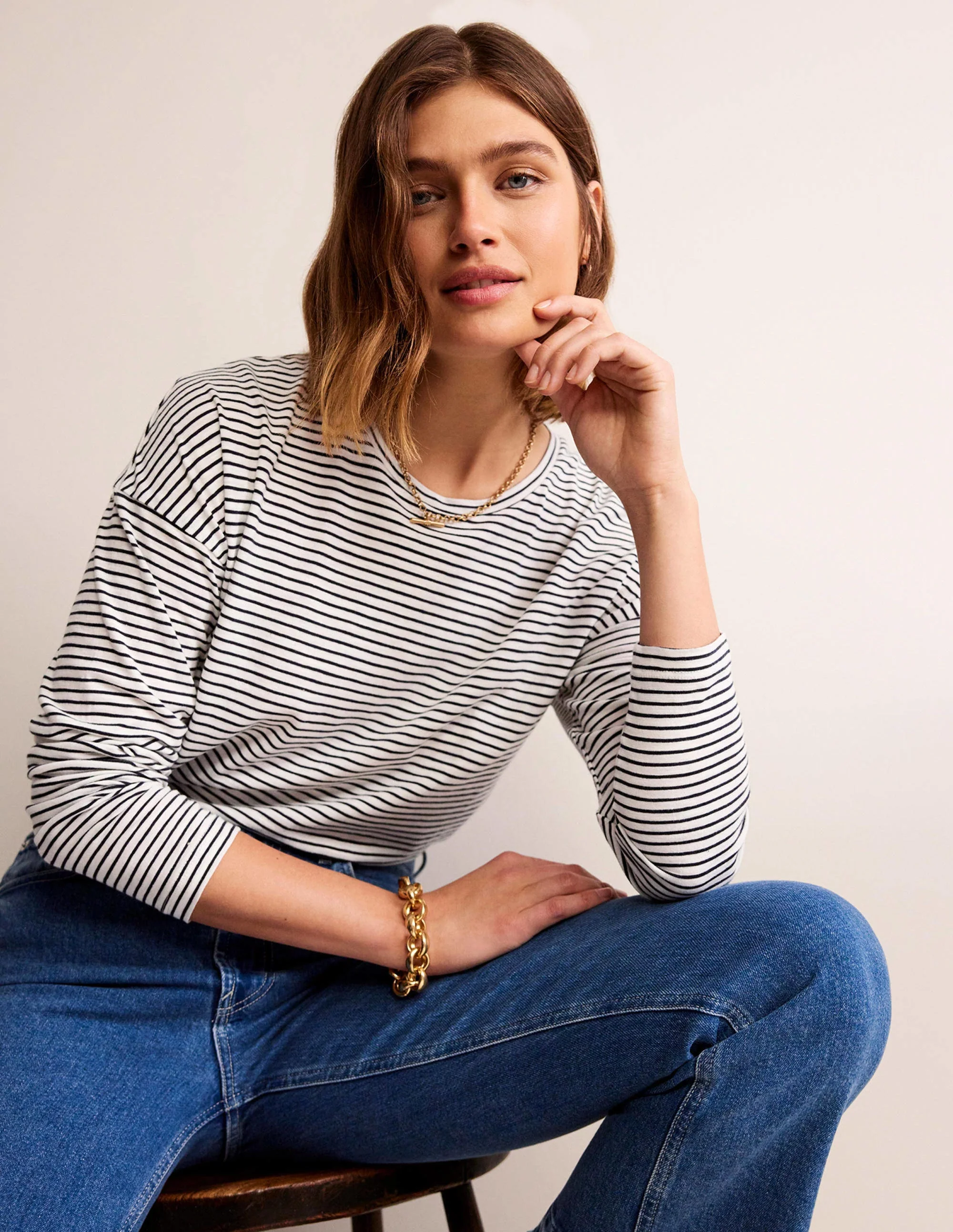 Cotton Dropped Shoulder Top-Ivory, Navy