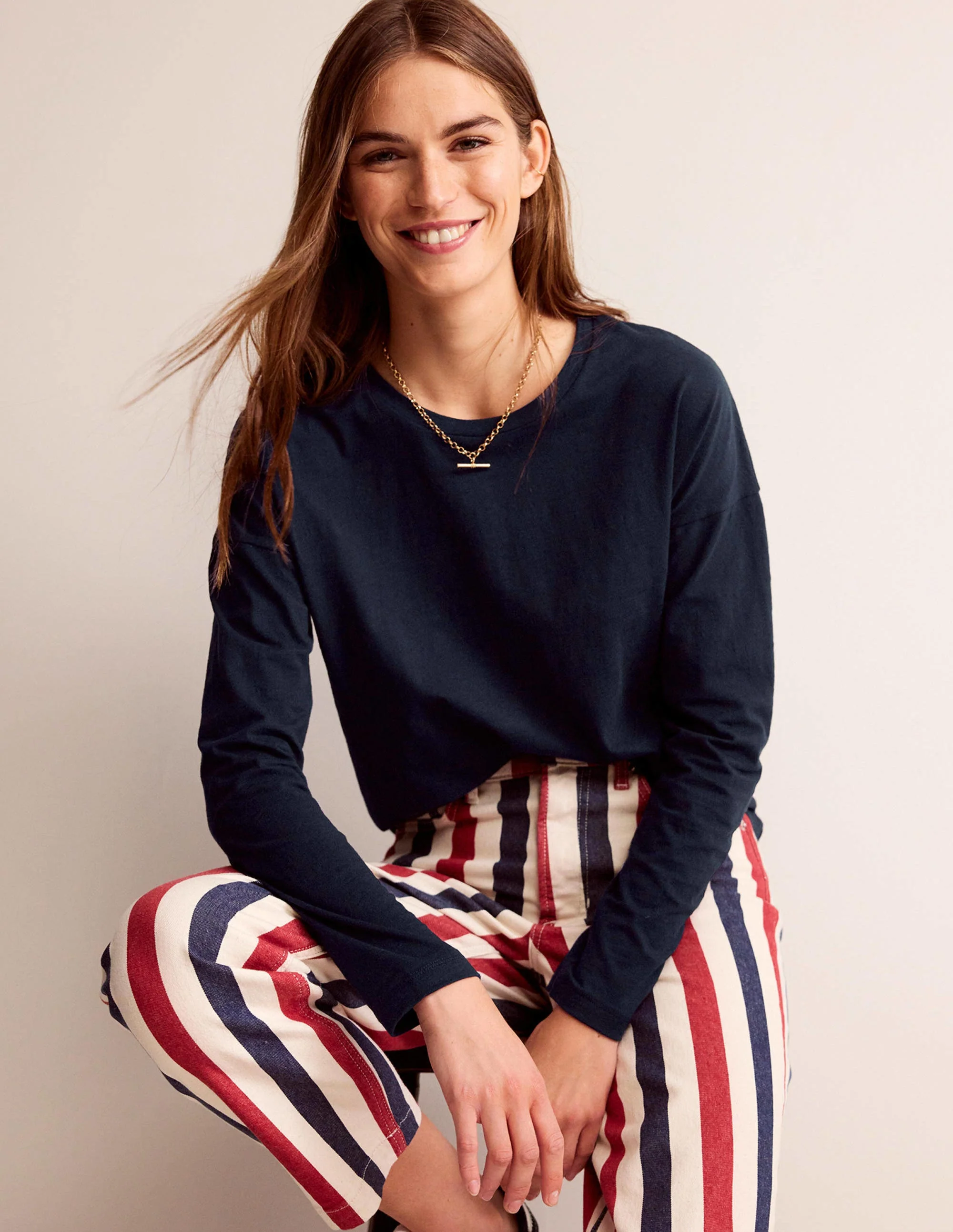 Cotton Dropped Shoulder Top-Navy